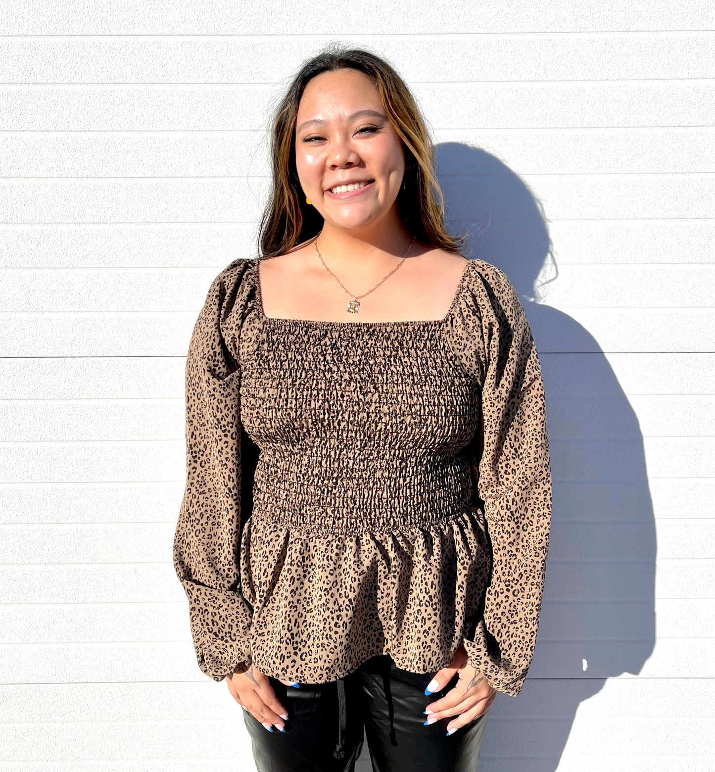 WHITE BIRCH- LS Cheetah Print Woven Top
