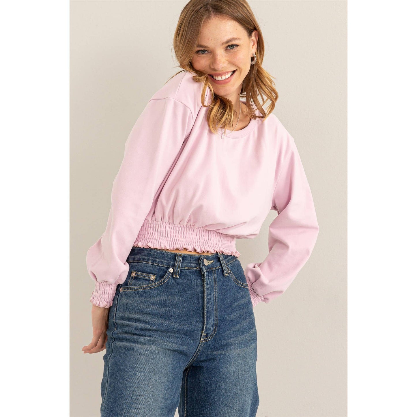 HERE TO WOW BRUSHED KNIT SMOCKED CROP TOP: LAVENDER / M