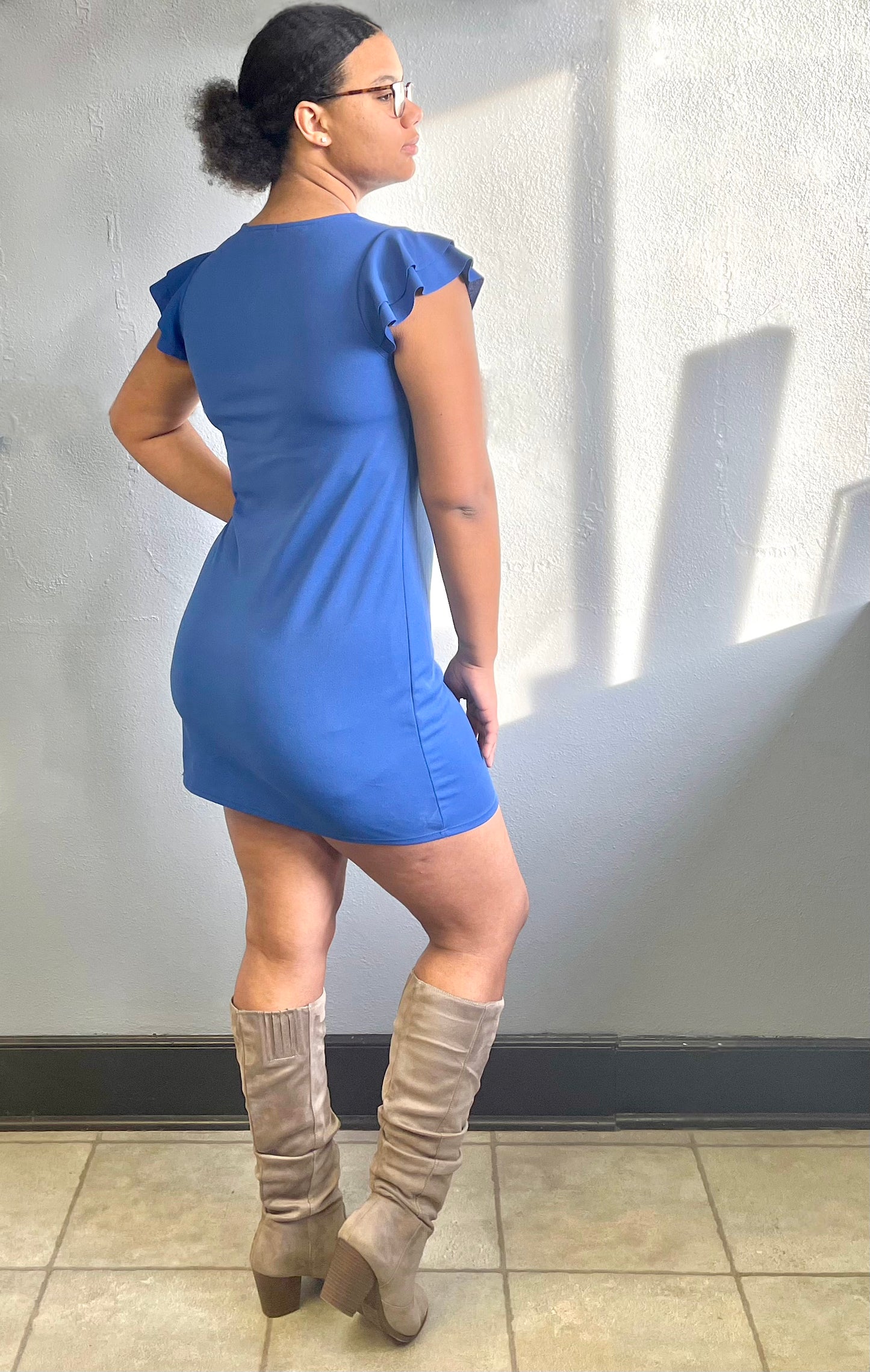 CES FEMME- Ruffle Sleeves Solid Tunic Dress