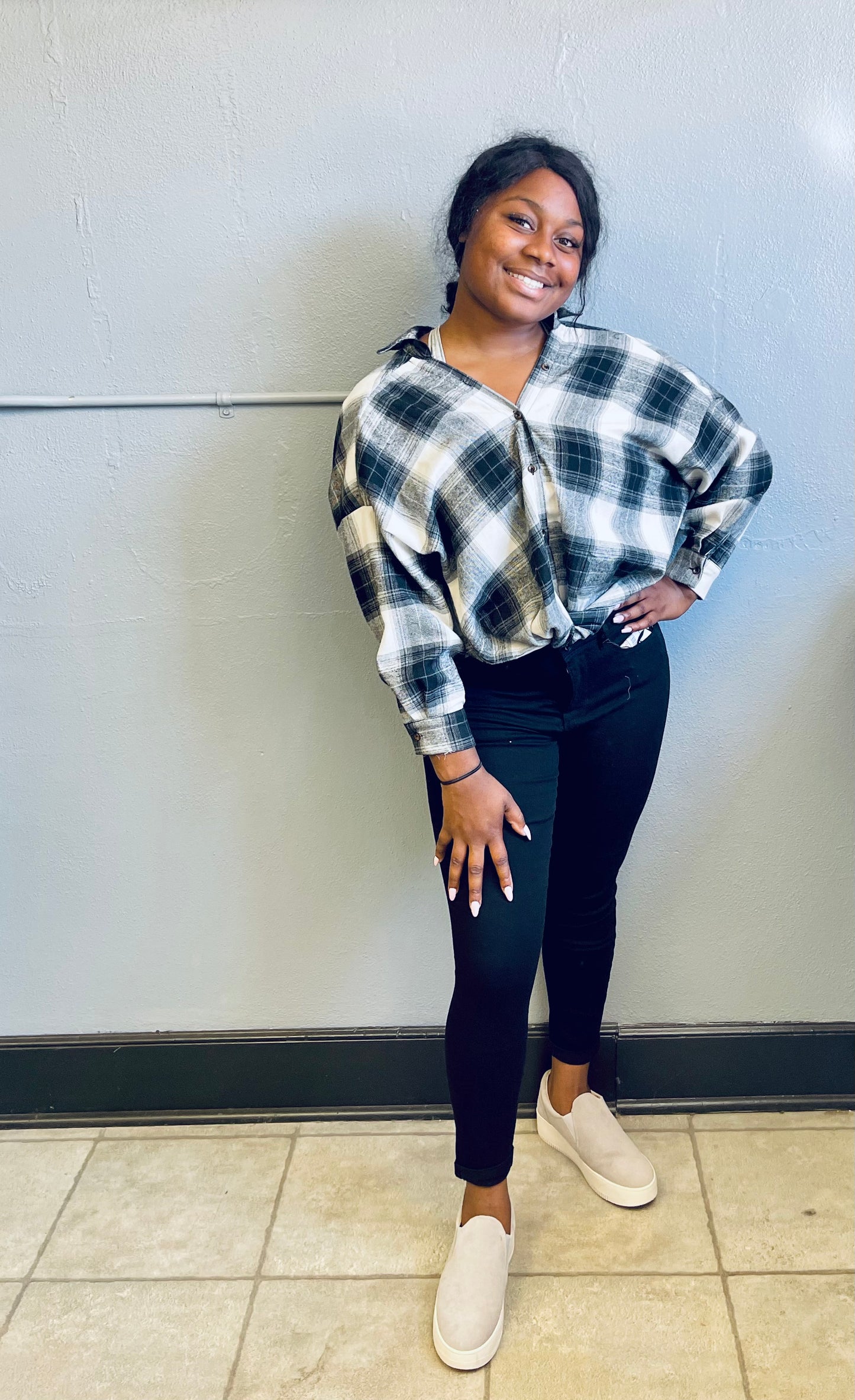 HYFVE- Twisted Oversized Plaid Shirt