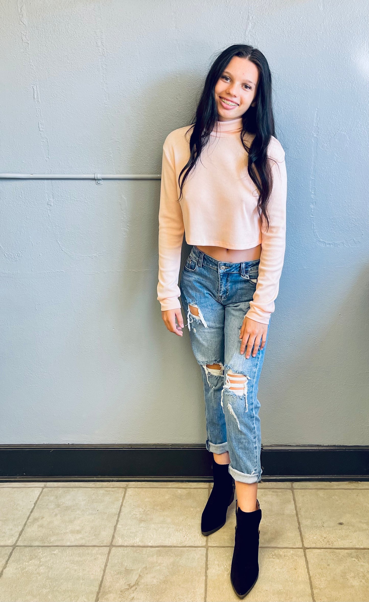 DOUBLE ZERO- Turtle Neck Drop Shoulder LS Crop Top