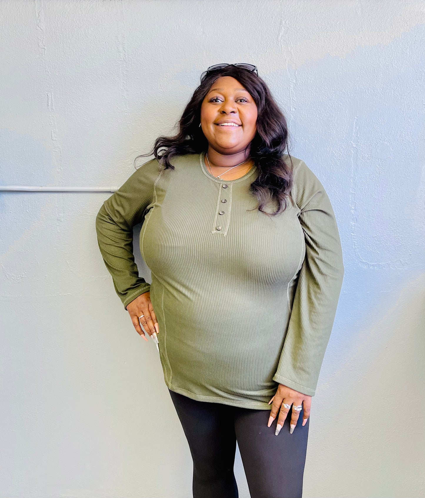 HEIMISH- PLUS Solid Ribbed Top w/ Button & Stitch