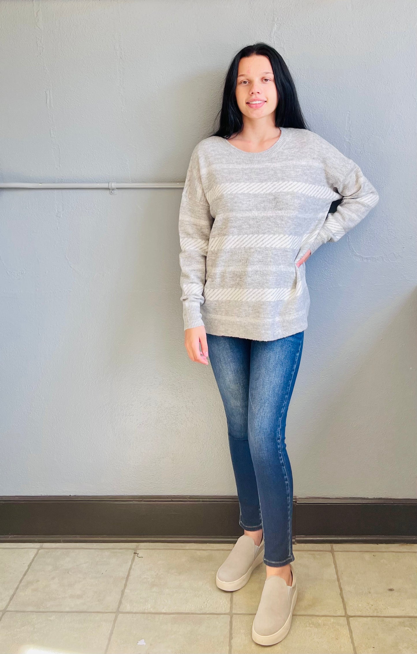 STACCATO- Crew Neck Striped Pullover Sweater