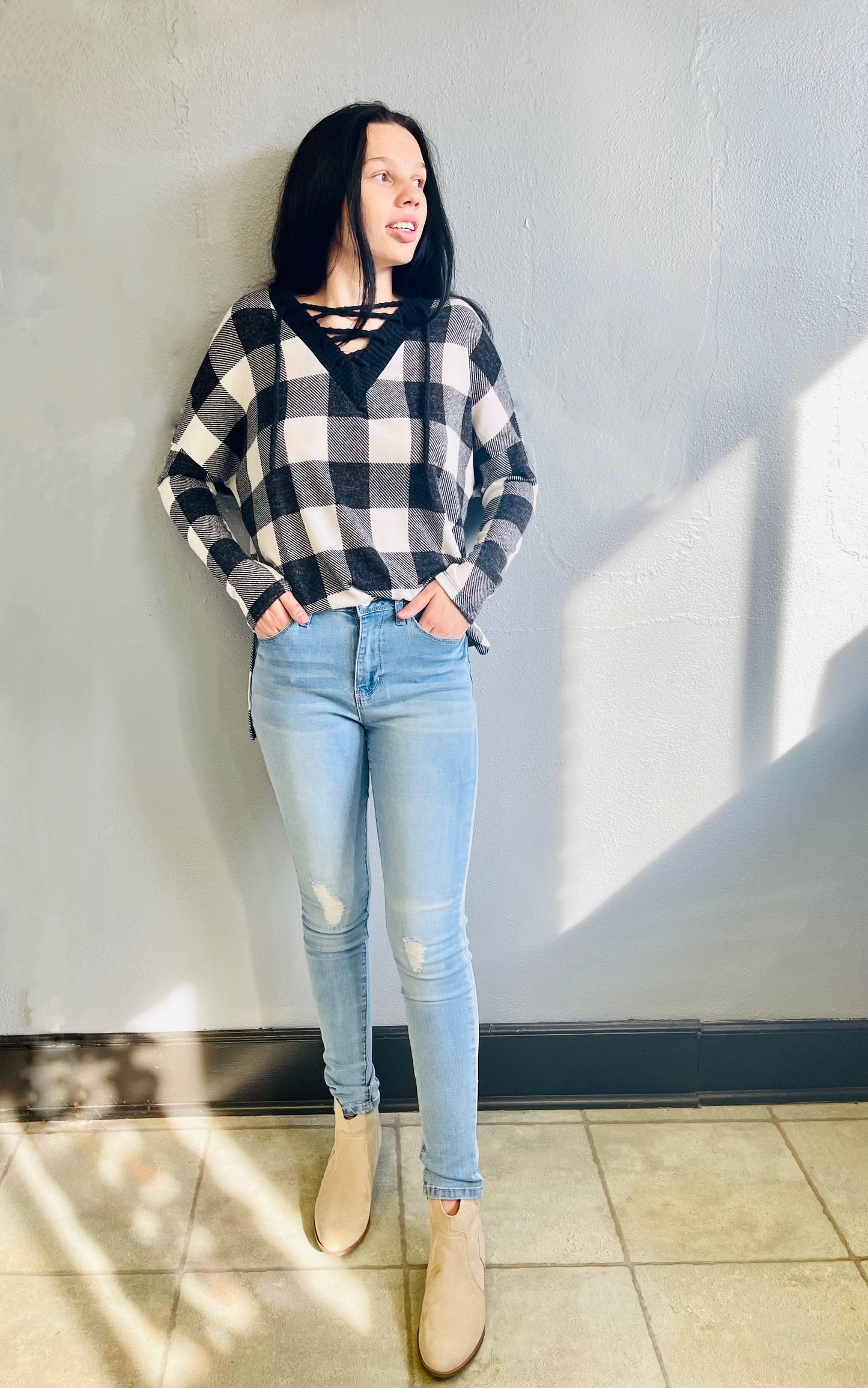 WHITE BIRCH- V Neck Plaid LS Top w/ Front Cross