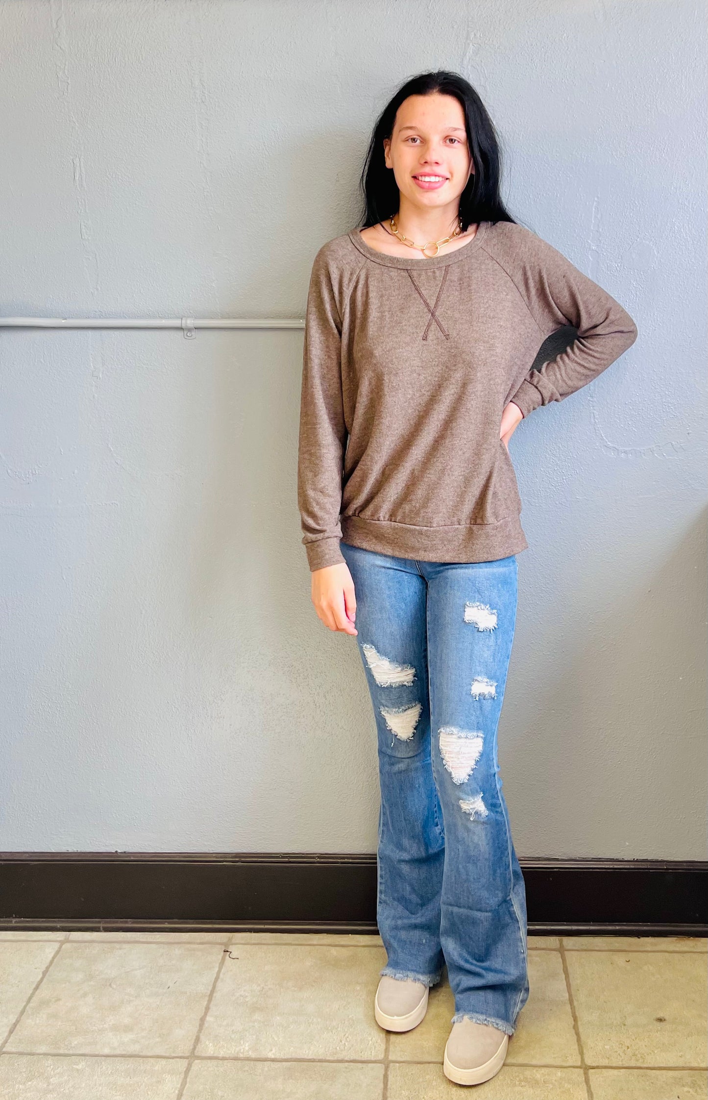 STACCATO- Round Neck LS Exposed Stitching Brushed Top