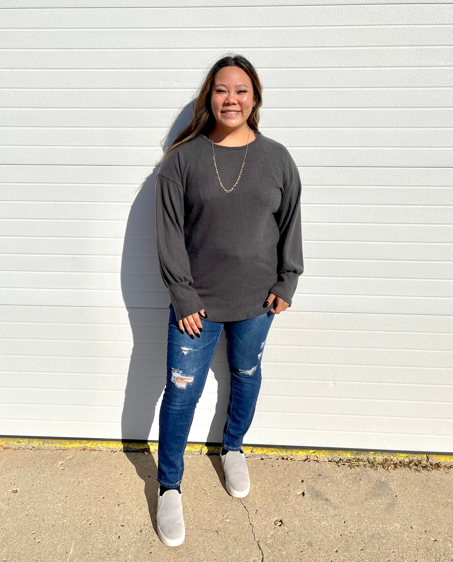 ACTING PRO- Solid Long Sleeve Waffle Top