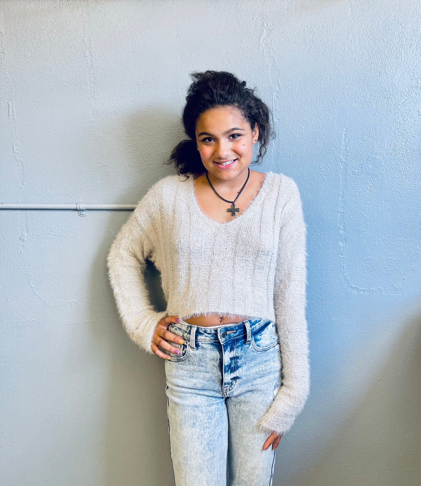 HYFVE- Cream & Silver Knit Cropped Sweater