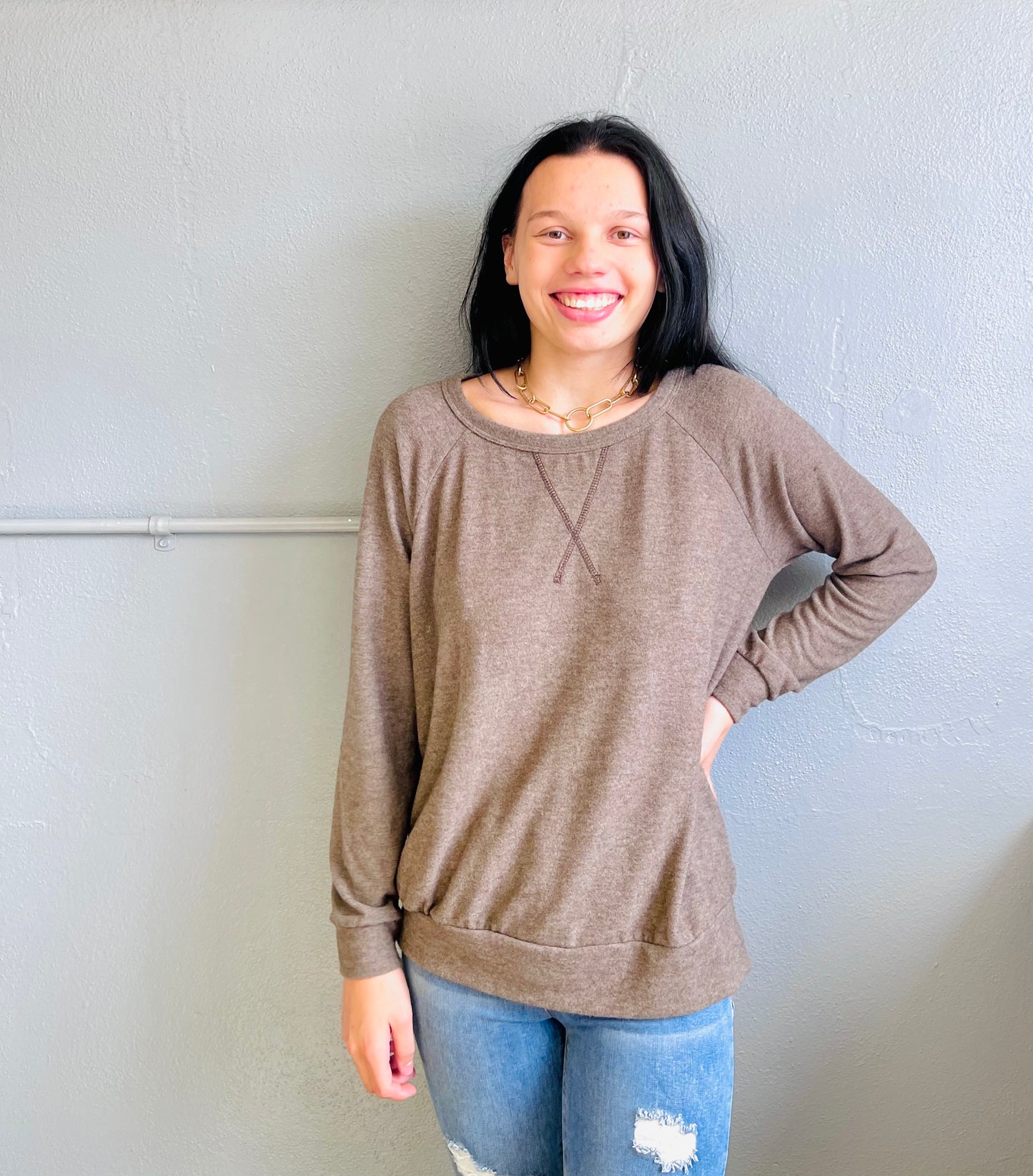 STACCATO- Round Neck LS Exposed Stitching Brushed Top