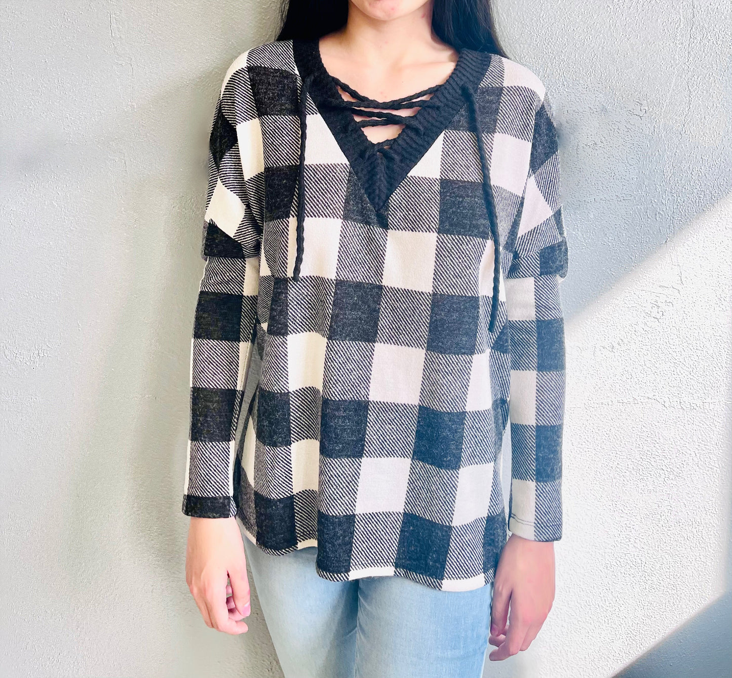 WHITE BIRCH- V Neck Plaid LS Top w/ Front Cross