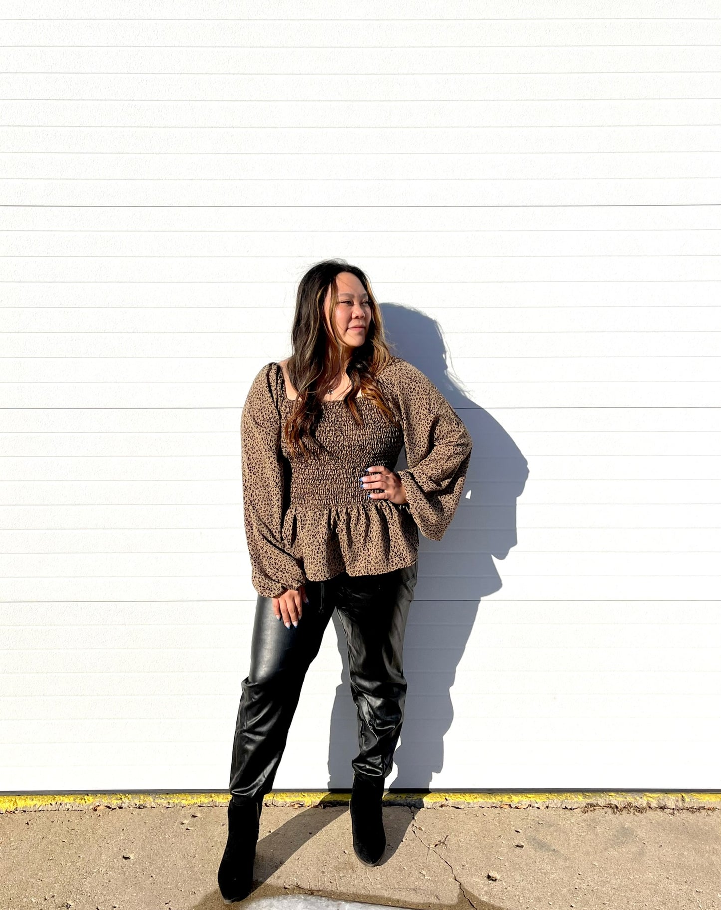 WHITE BIRCH- LS Cheetah Print Woven Top