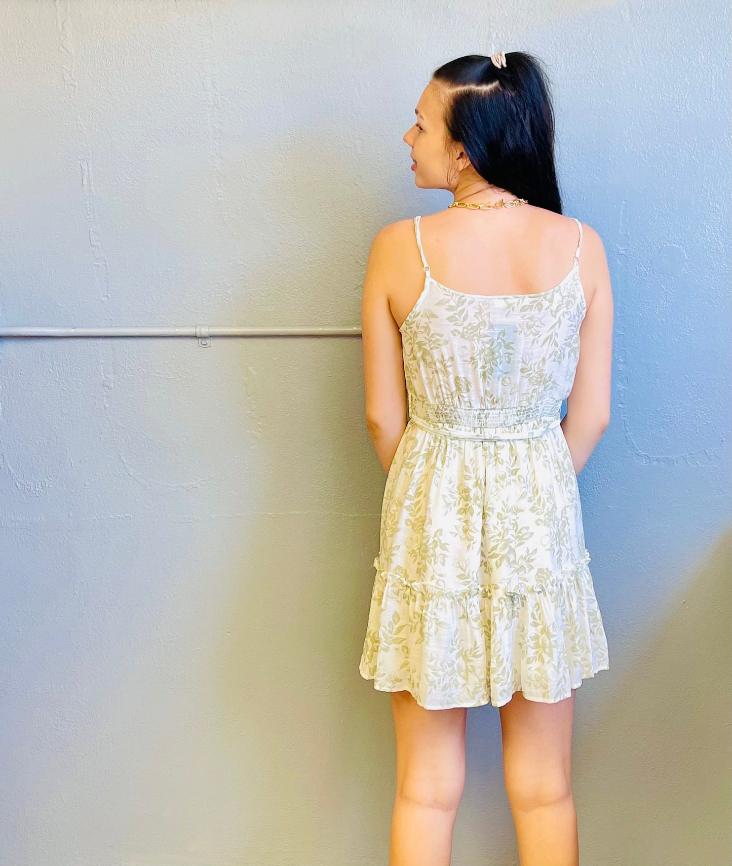 MINE- Spaghetti Strap Floral Dress w/ Waist Tie