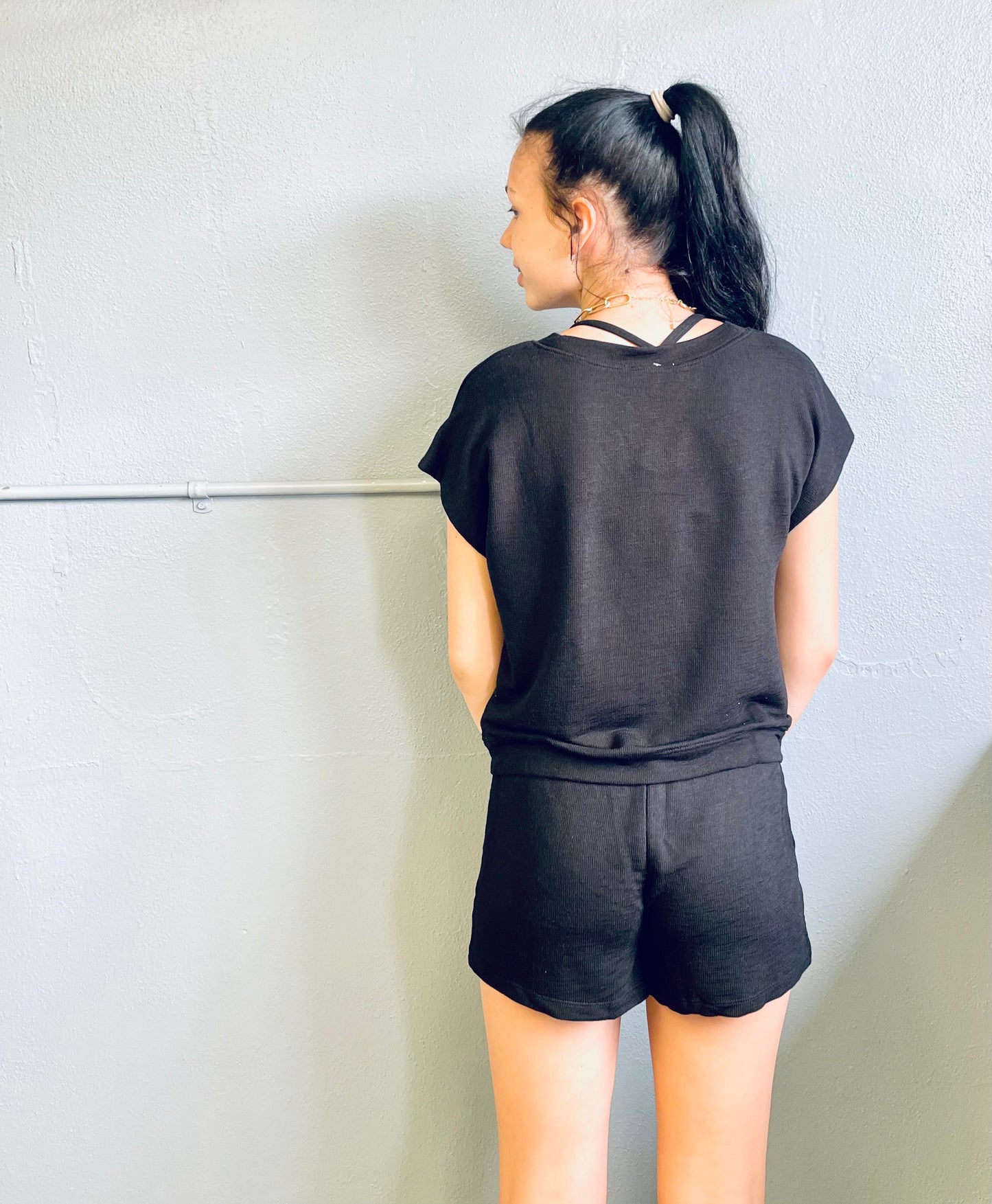 DOUBLE ZERO- Dolman Short Sleeve Top & Elastic Waist Shorts Set