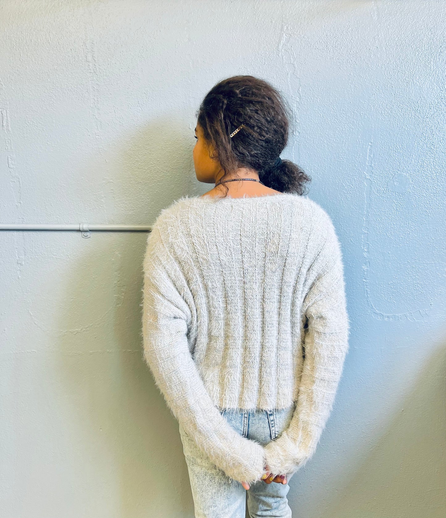 HYFVE- Cream & Silver Knit Cropped Sweater