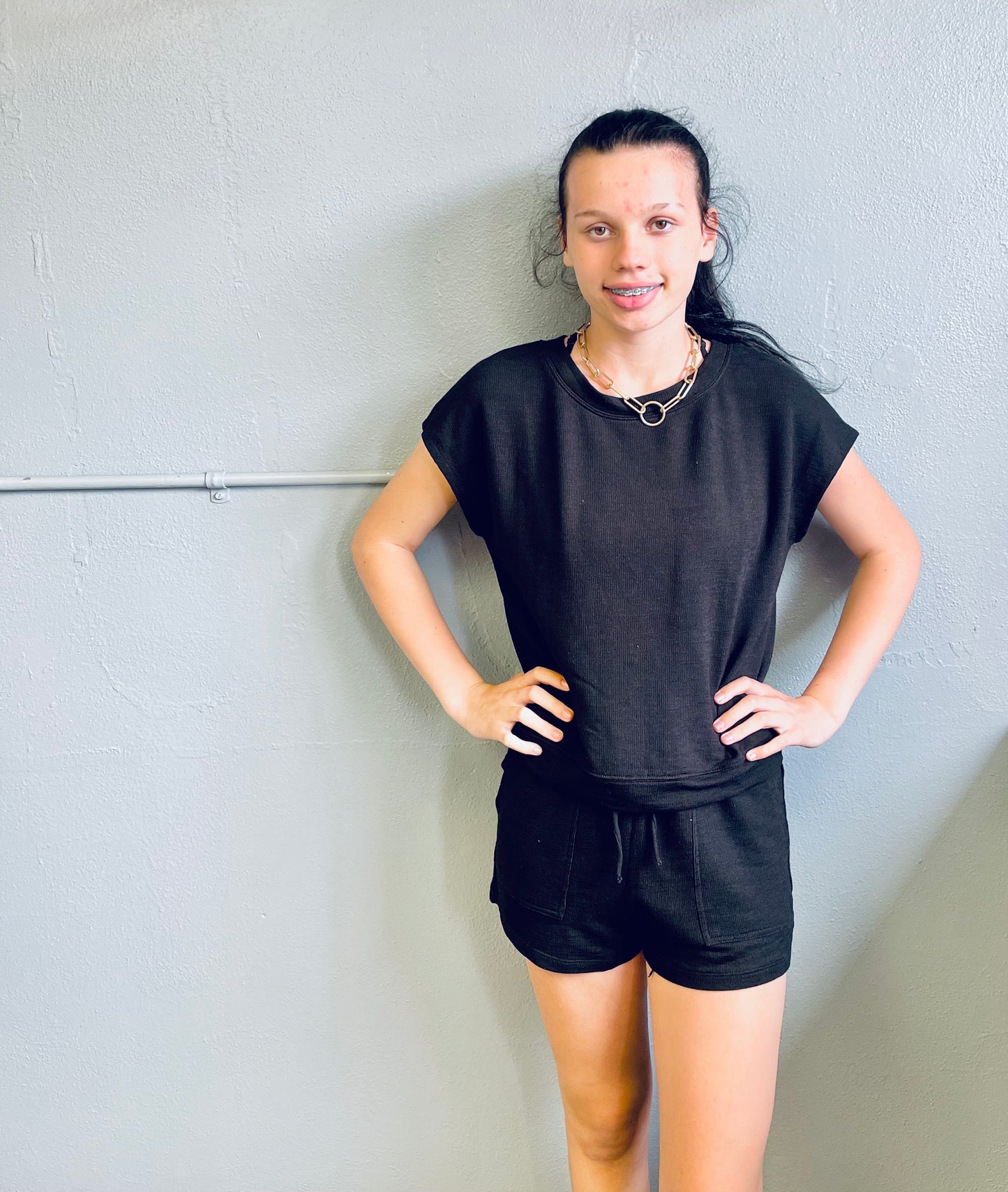 DOUBLE ZERO- Dolman Short Sleeve Top & Elastic Waist Shorts Set