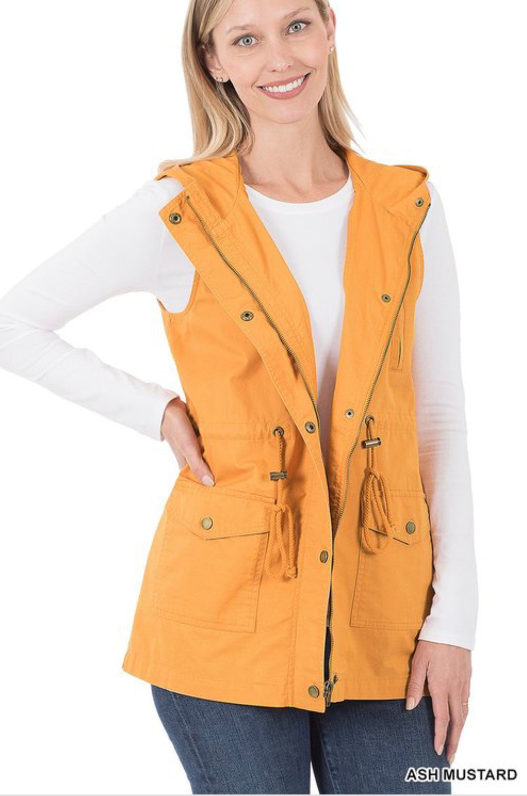 ZENANA- Drawstring Waist Military Hoodie Vest w/ Pockets