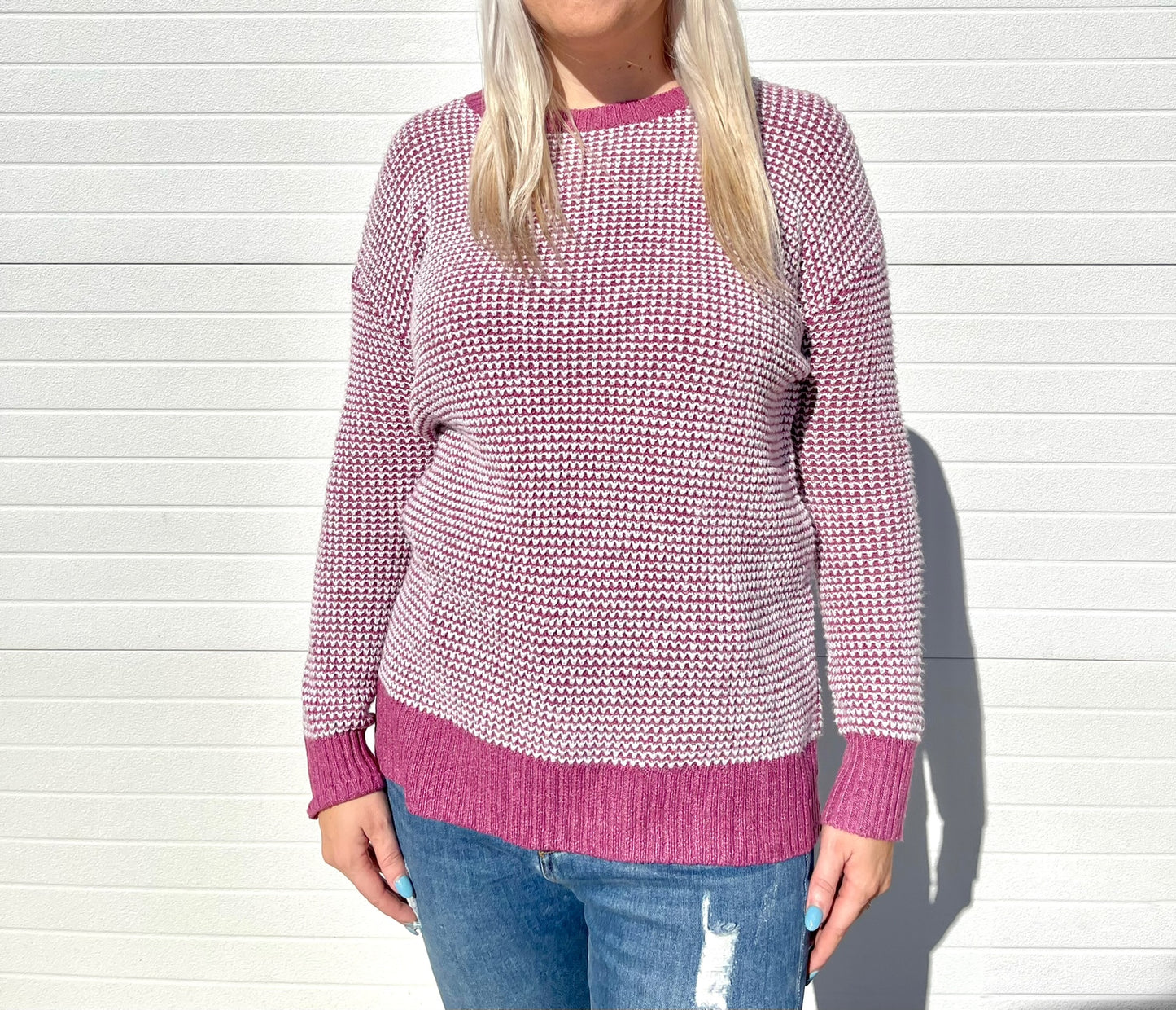 STACCATO- Round Neck Rib Two Tone Waffle Pullover Sweater