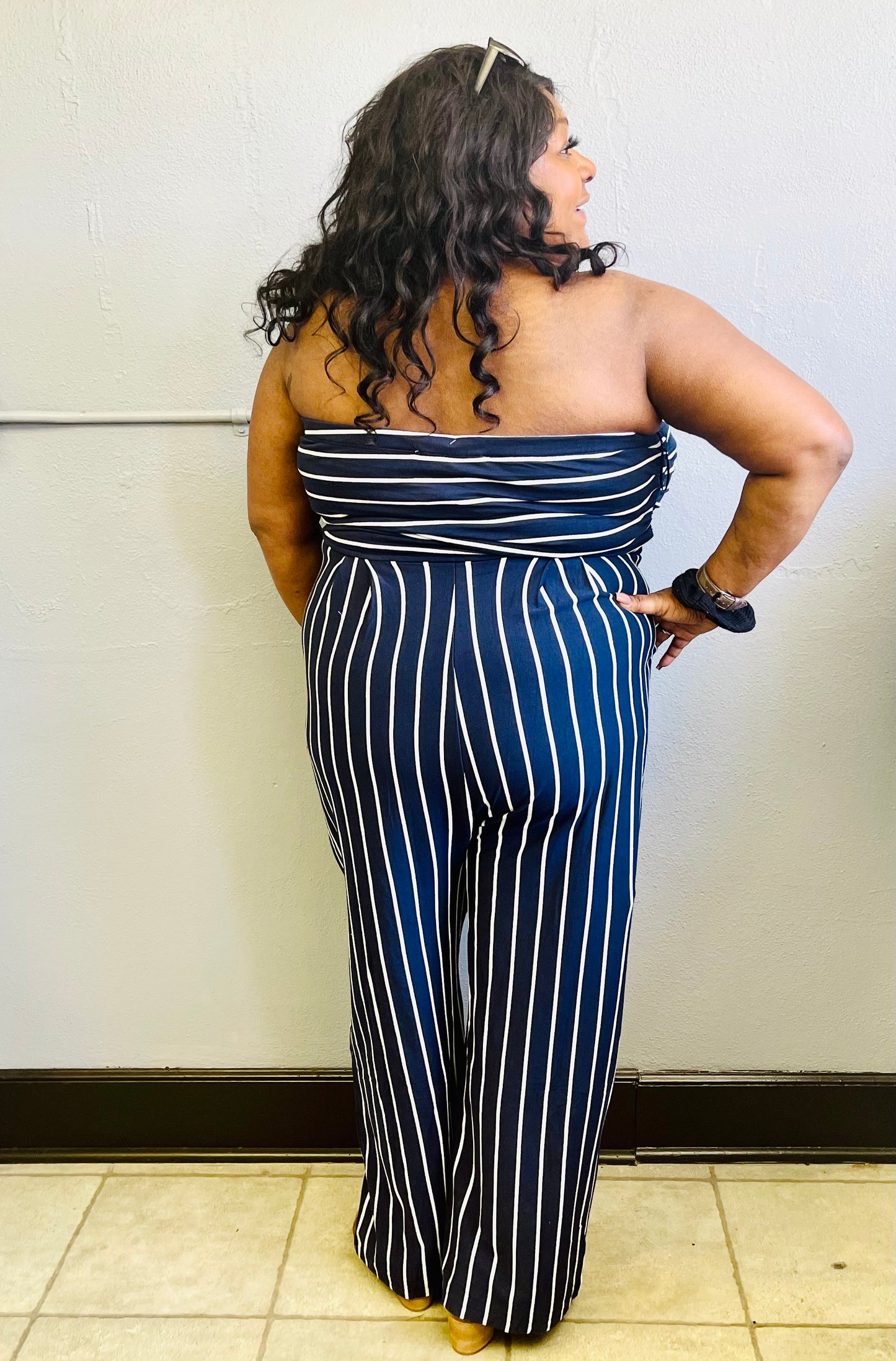 DAVI&DANI- PLUS Navy Stripe Cropped Tube Jumpsuit