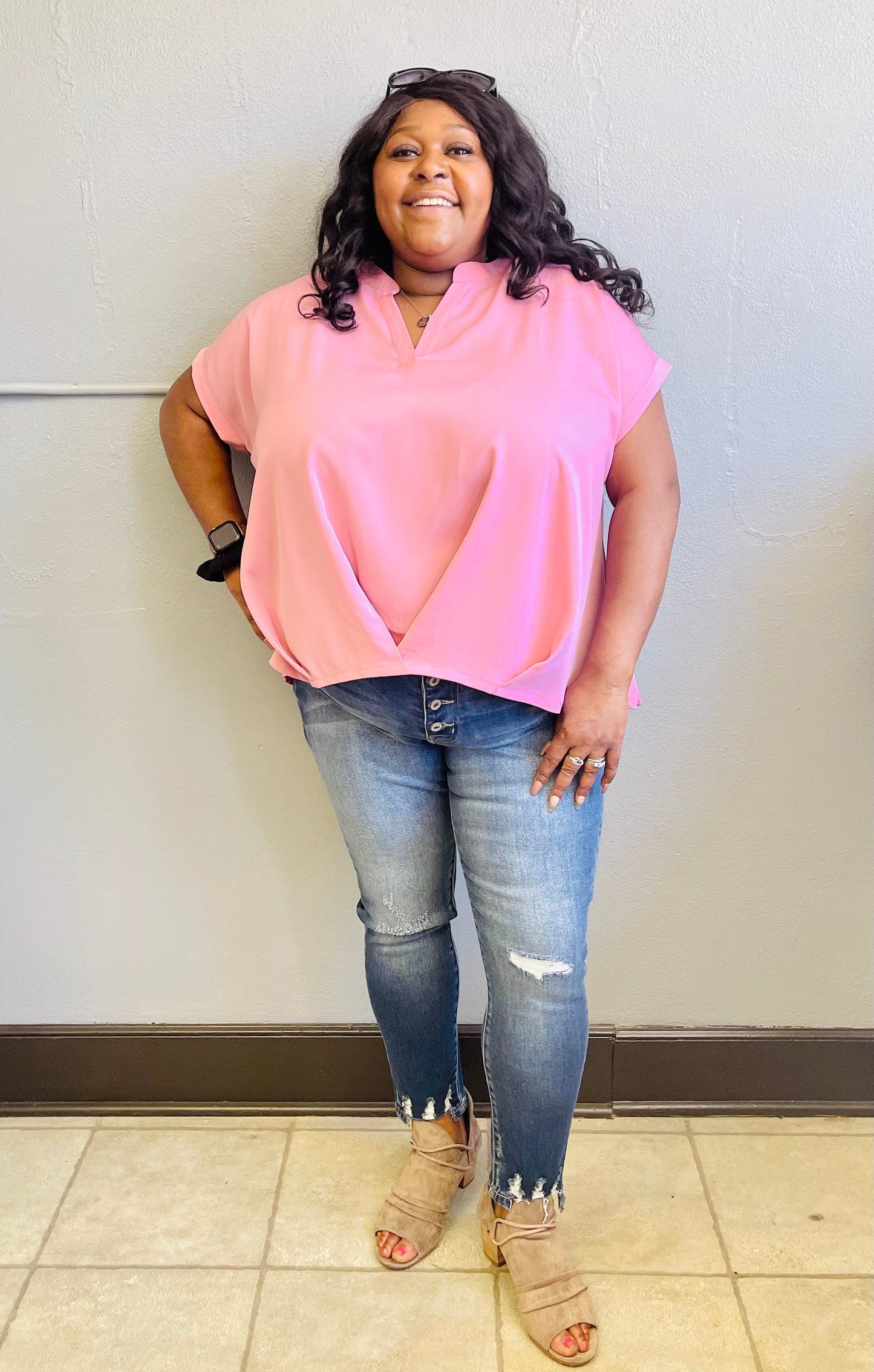 DAVI&DANI- Plus Solid V Neck Dolman Sleeve Top