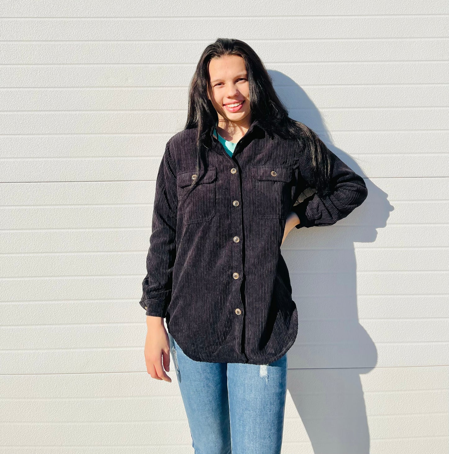 LOVE TREE- Woven Solid Long Sleeve Button Down Shacket