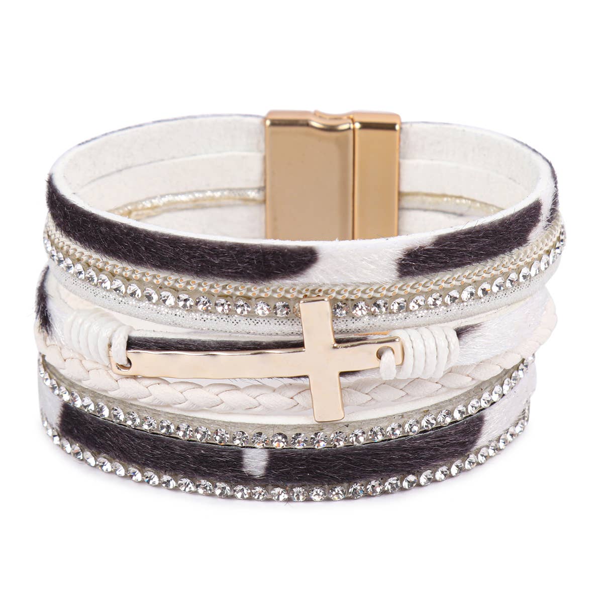 LEOPARD PRINT LEATHER WRAP MAGNETIC LOCK W/ CROSS