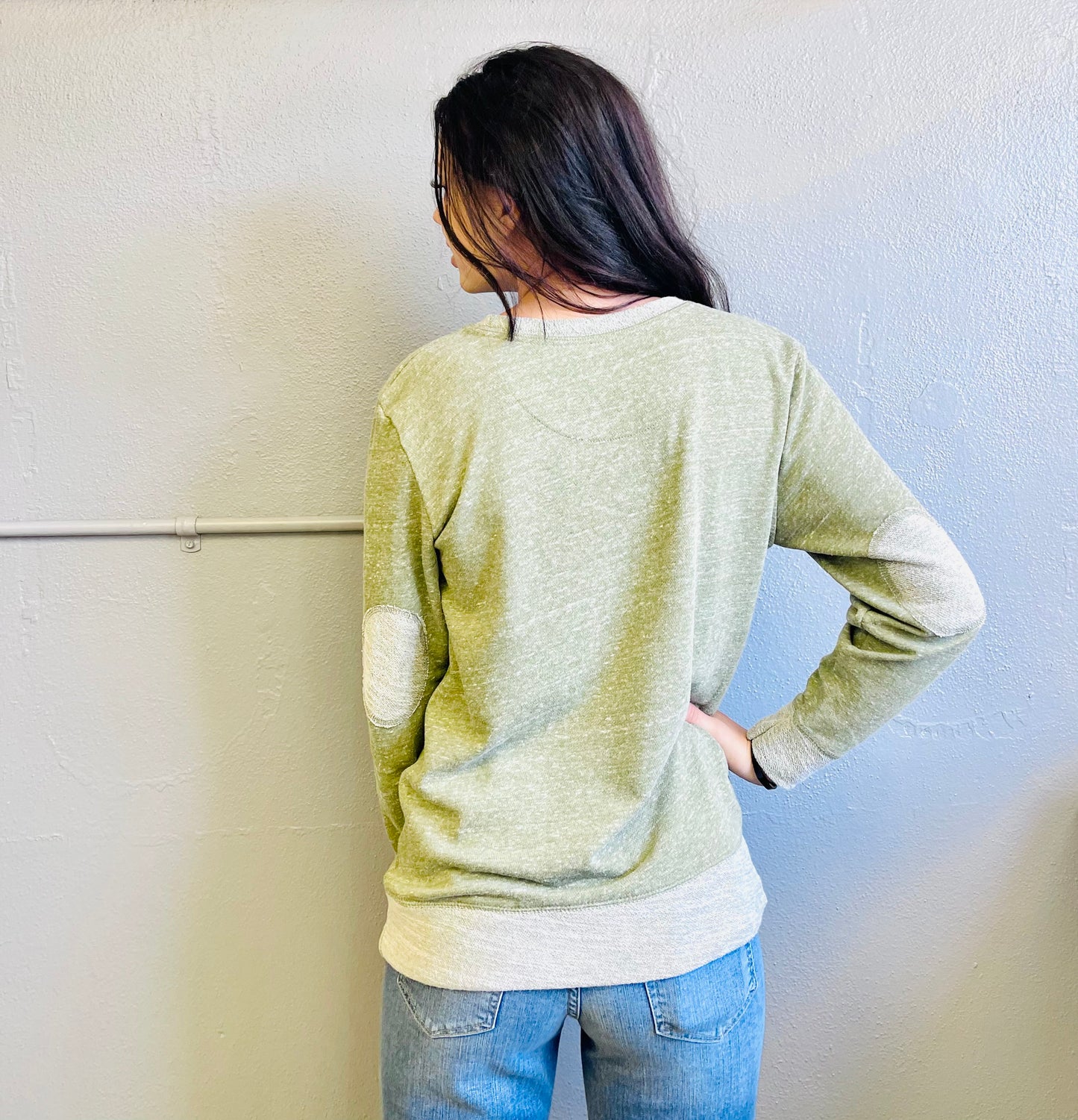 Saved By Grace | French Terry Sweater with Elbow Patches | Military Green