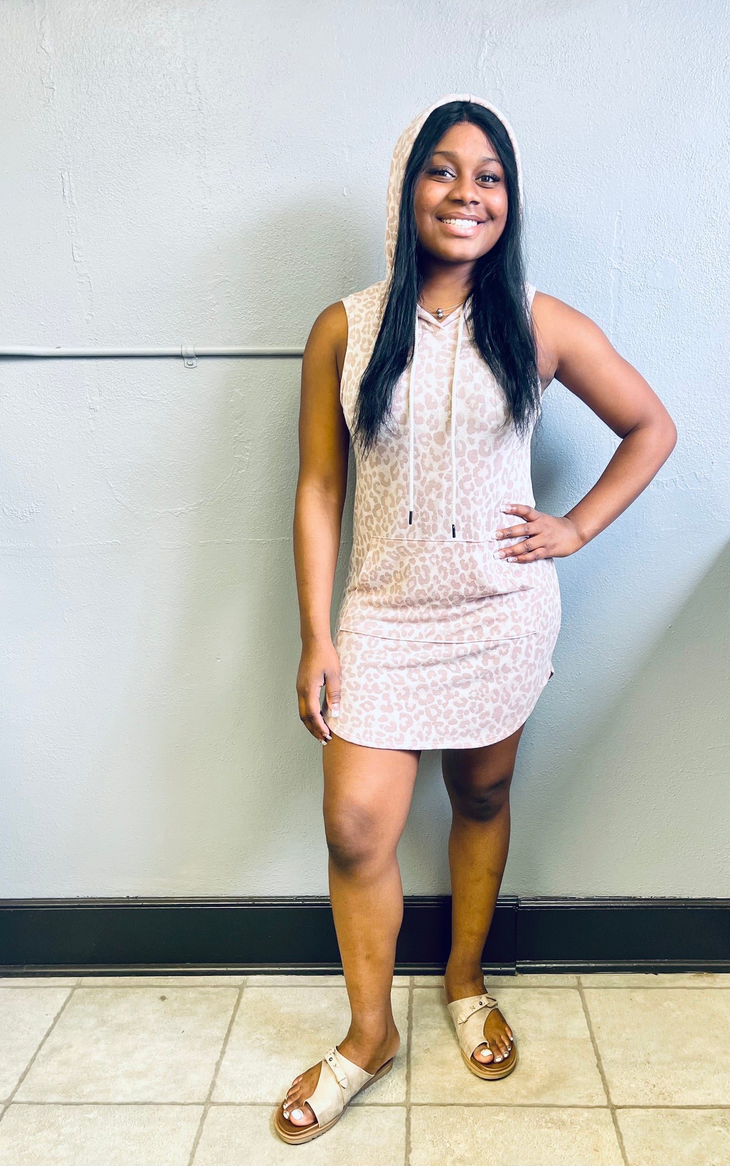 VANILLA BAY- Leopard Print Hooded Sleeveless Dress