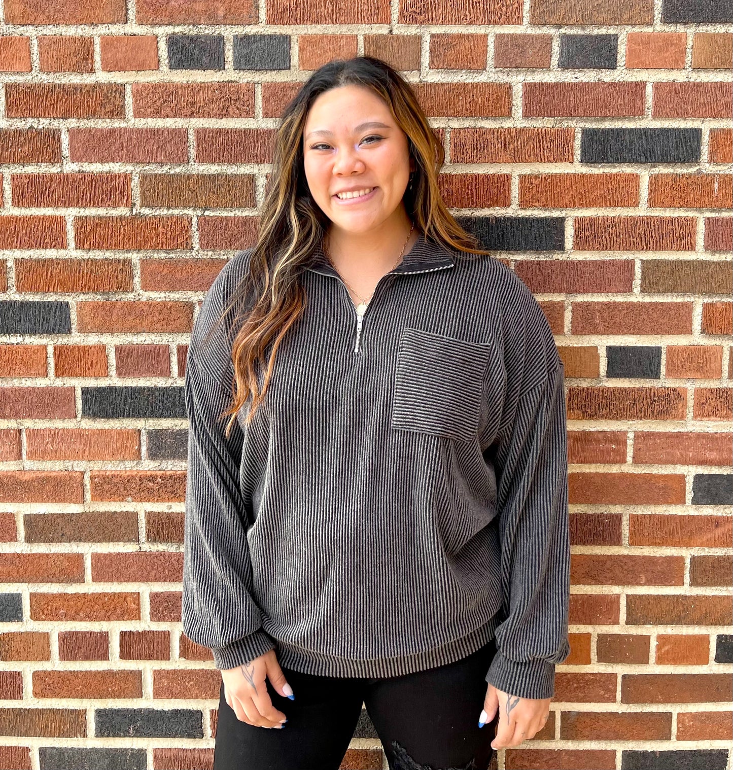 WHITE BIRCH- LS Solid Ribbed Knit 1/4 Zip