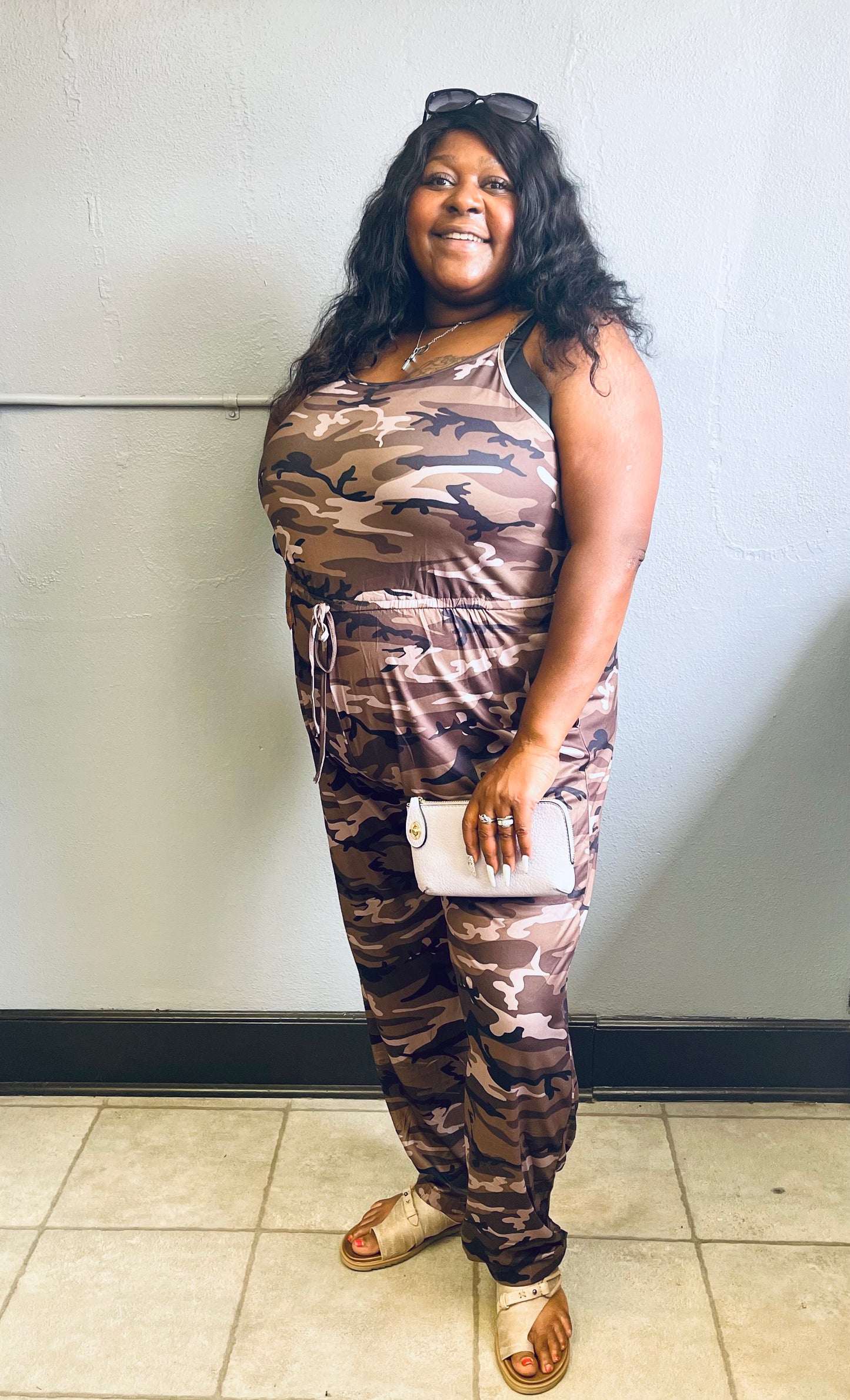 DAVI&DANI- Plus Army Print Sleeveless Long Jumpsuit