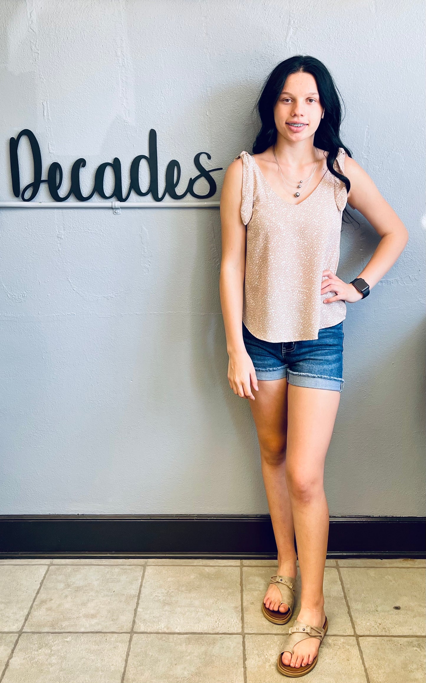 MINE- Tie Strap V Neck Tank w/ Speckled Design