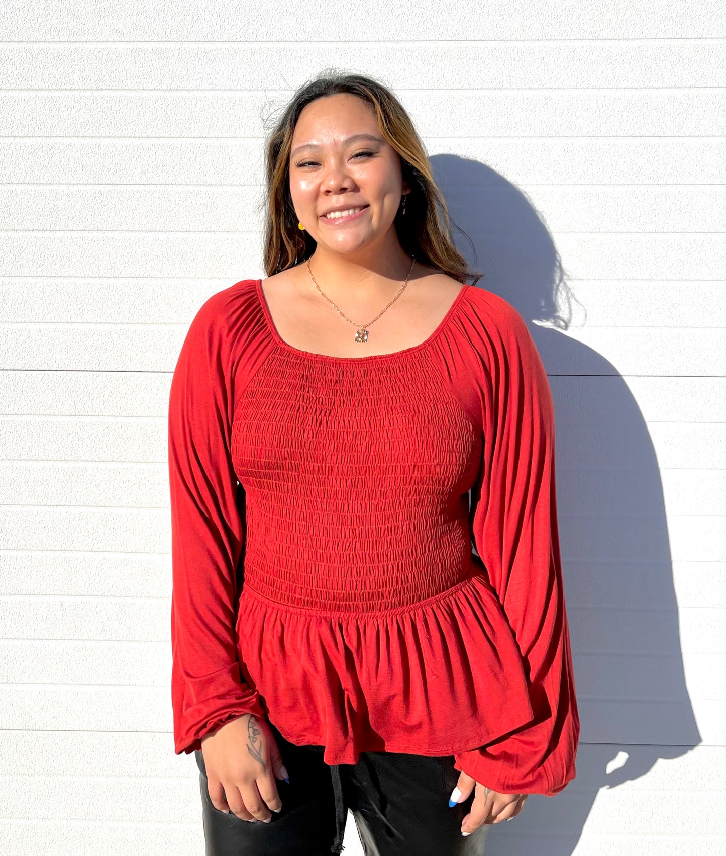 WHITE BIRCH- Bishop Sleeve Solid Knit Smocked Top