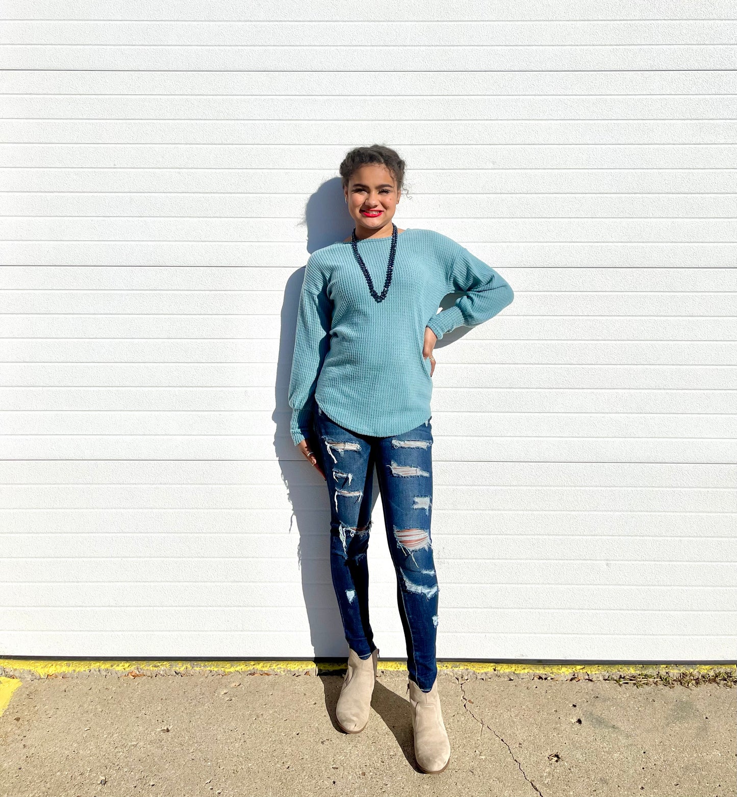 ACTING PRO- Solid Long Sleeve Waffle Top