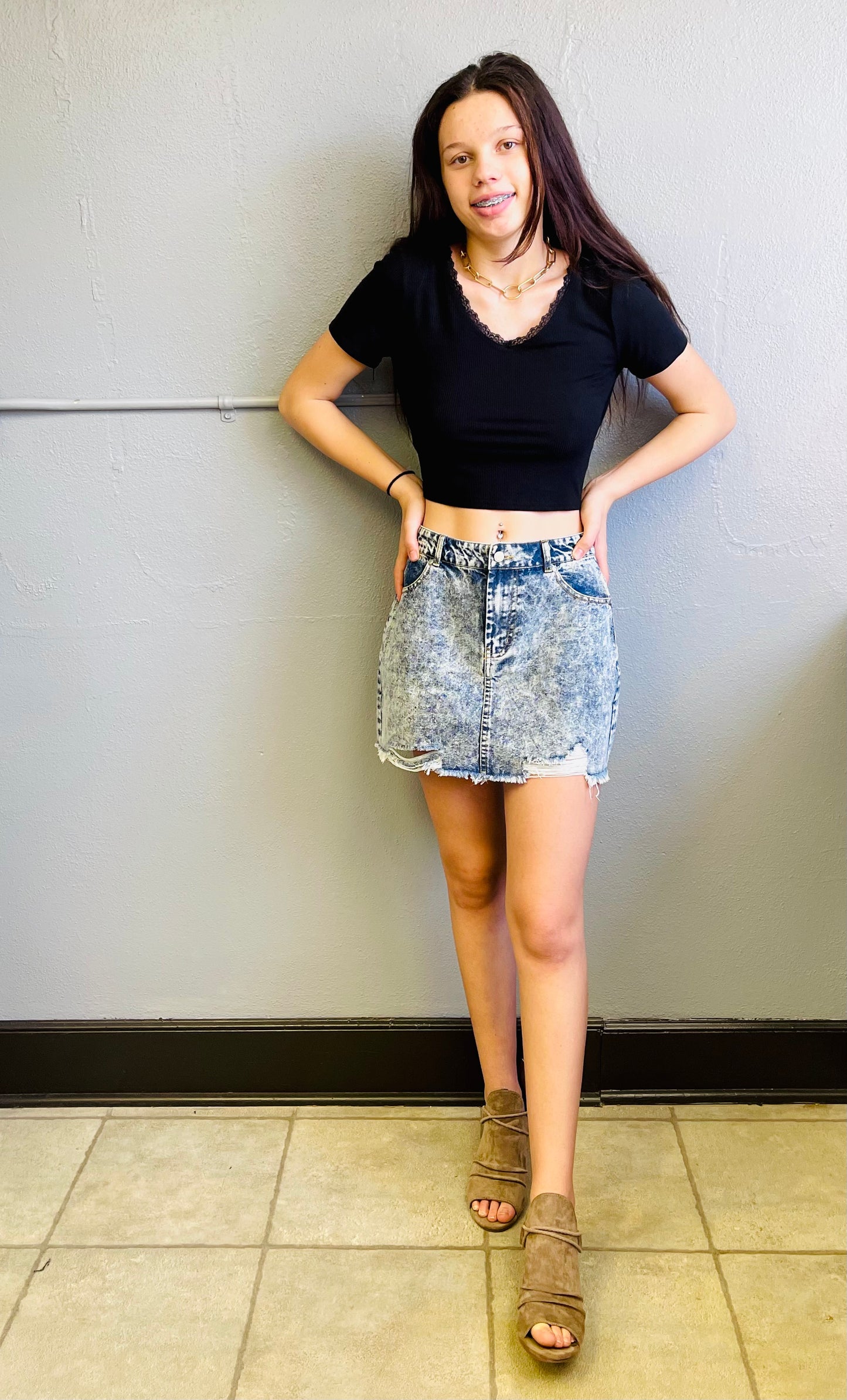 HYFVE- Distressed Denim Mini Skirt