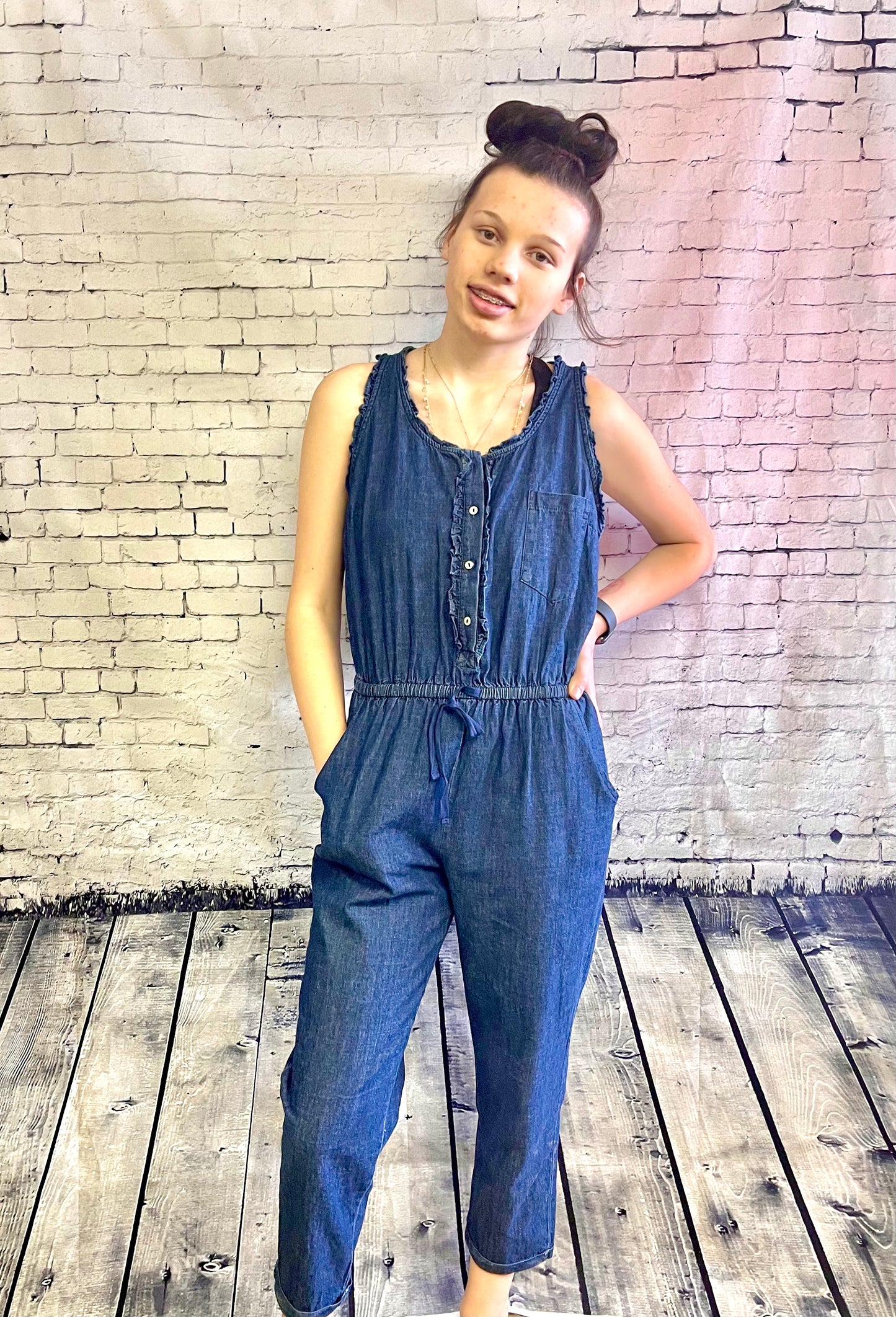 WHITE BIRCH- Sleeveless Solid Woven Cotton Jumpsuit