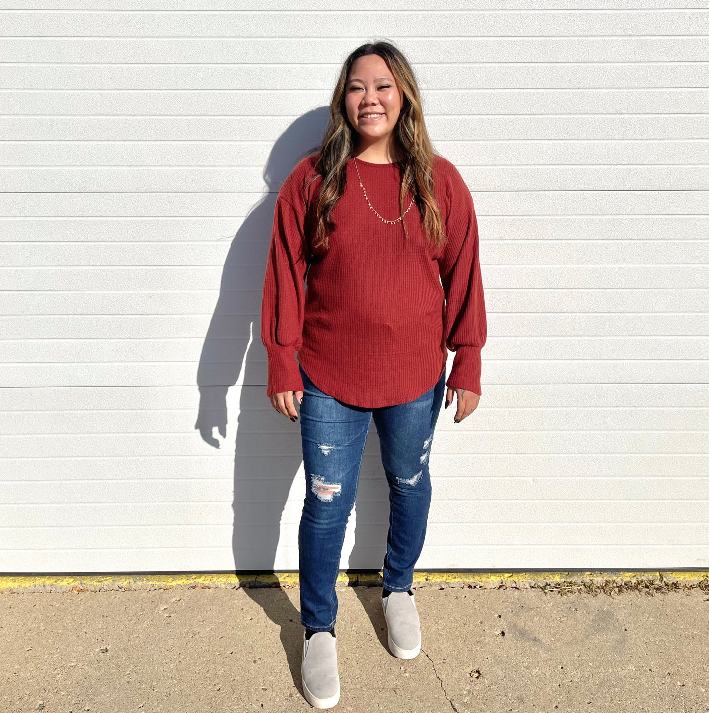 ACTING PRO- Solid Long Sleeve Waffle Top