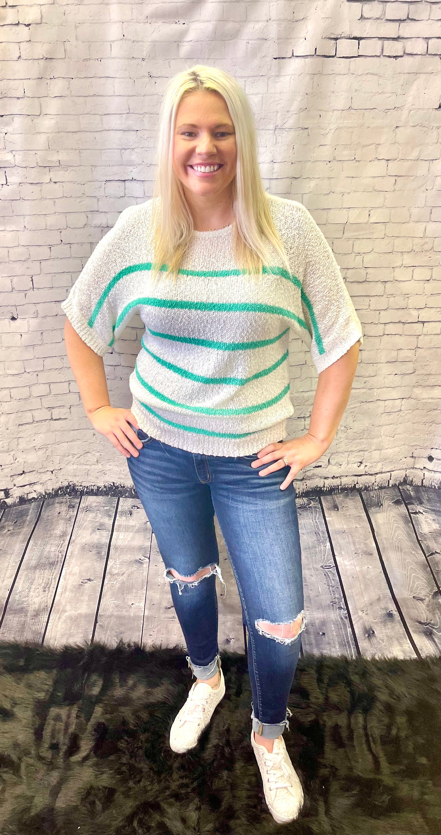 Staccato- Crew Neck, Half Kimono Sleeve, Pullover, Stripe Sweater