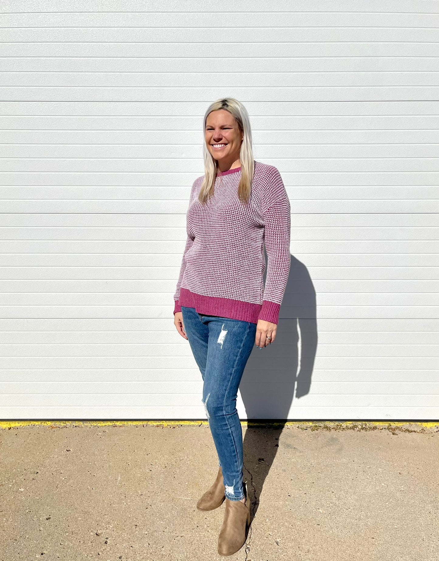 STACCATO- Round Neck Rib Two Tone Waffle Pullover Sweater