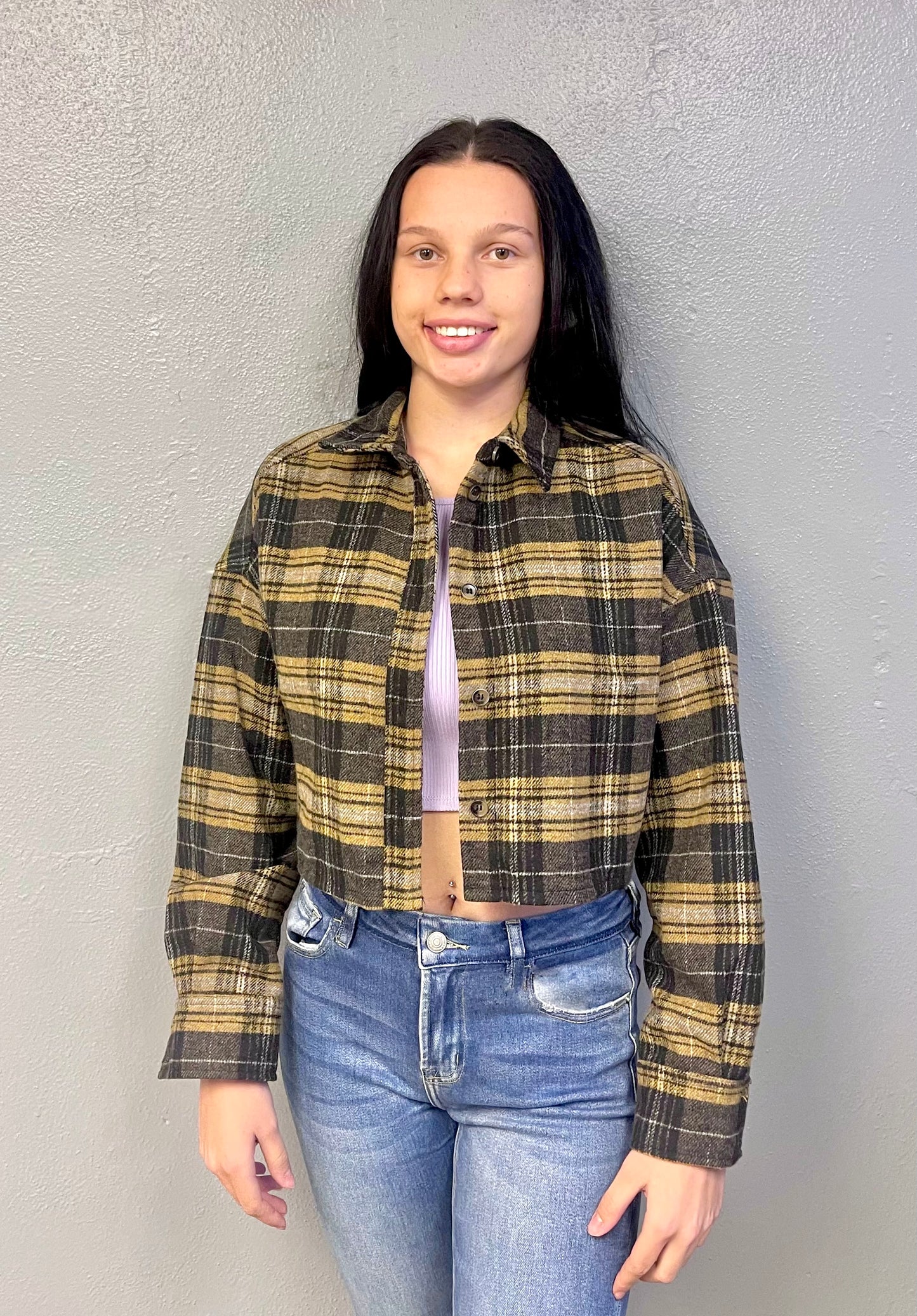 DOUBLE ZERO- Plaid Button-Up Crop Jacket