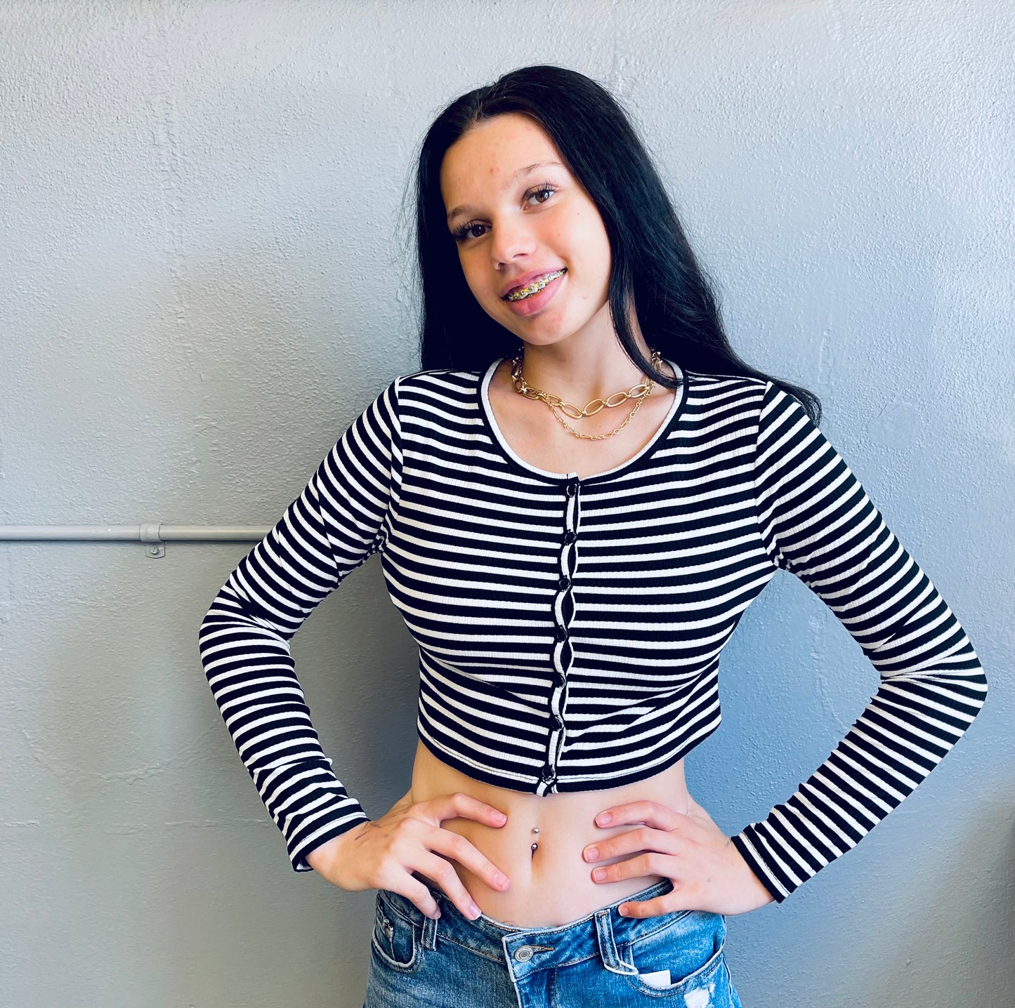 HYFVE- Black&White Stripe Crop LS w/ Buttons