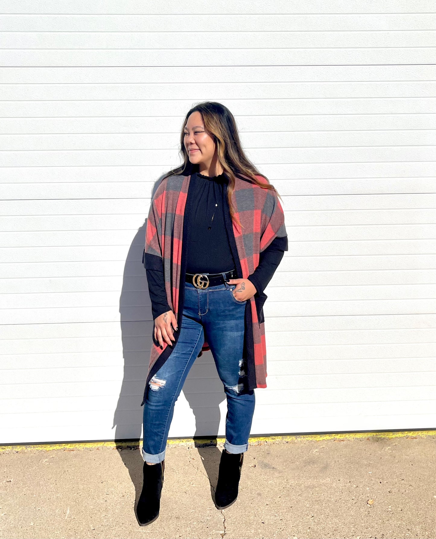 White Birch- Faded Buffalo Plaid Cardigan
