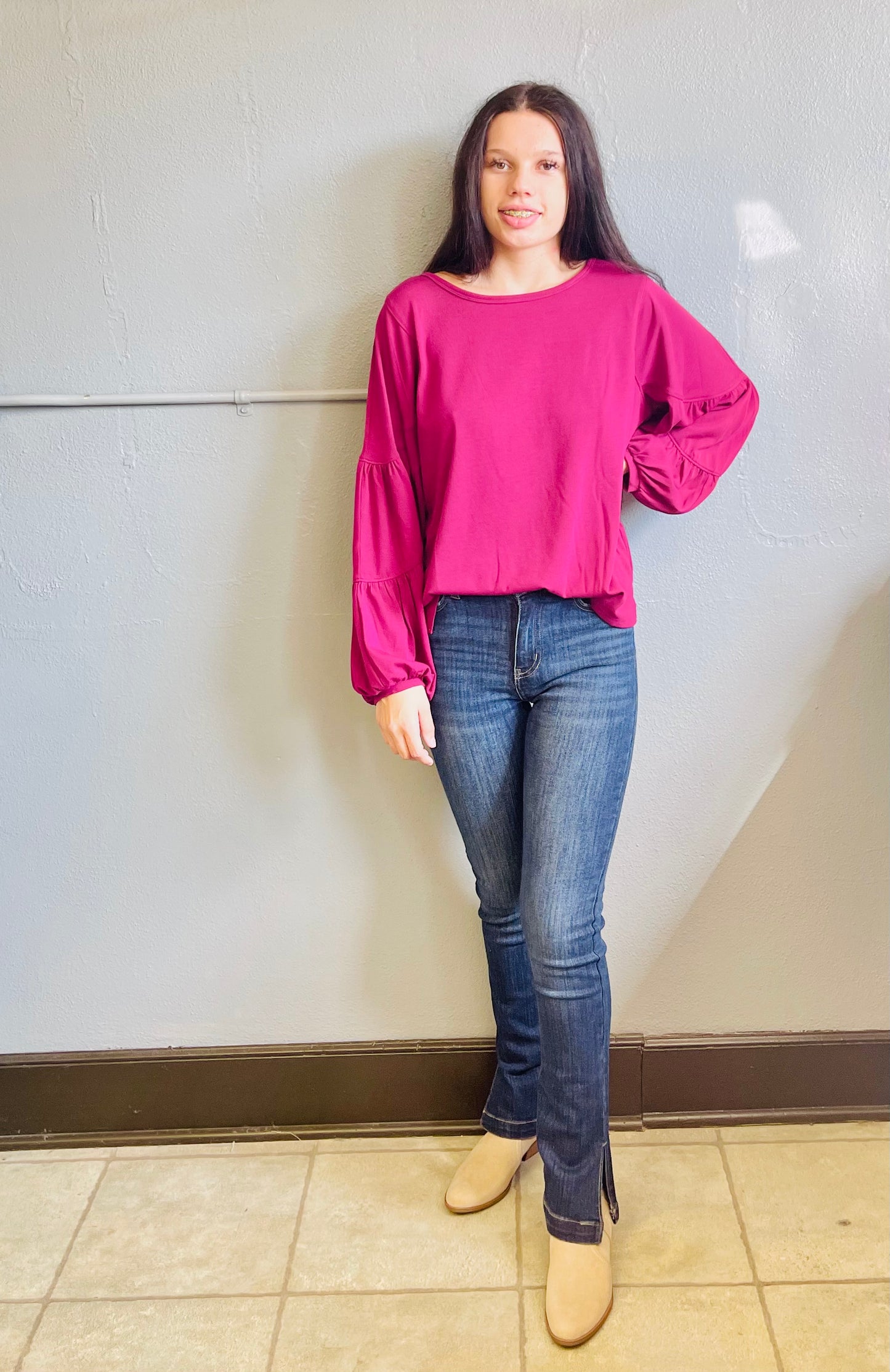 SEE & BE SEEN- Bubble Sleeve Knit Top