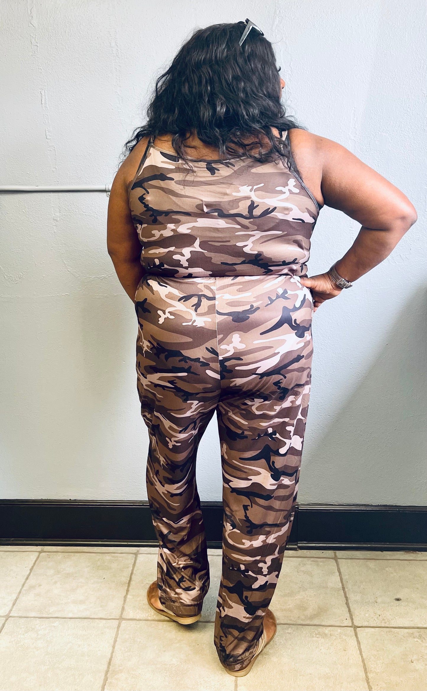 DAVI&DANI- Plus Army Print Sleeveless Long Jumpsuit