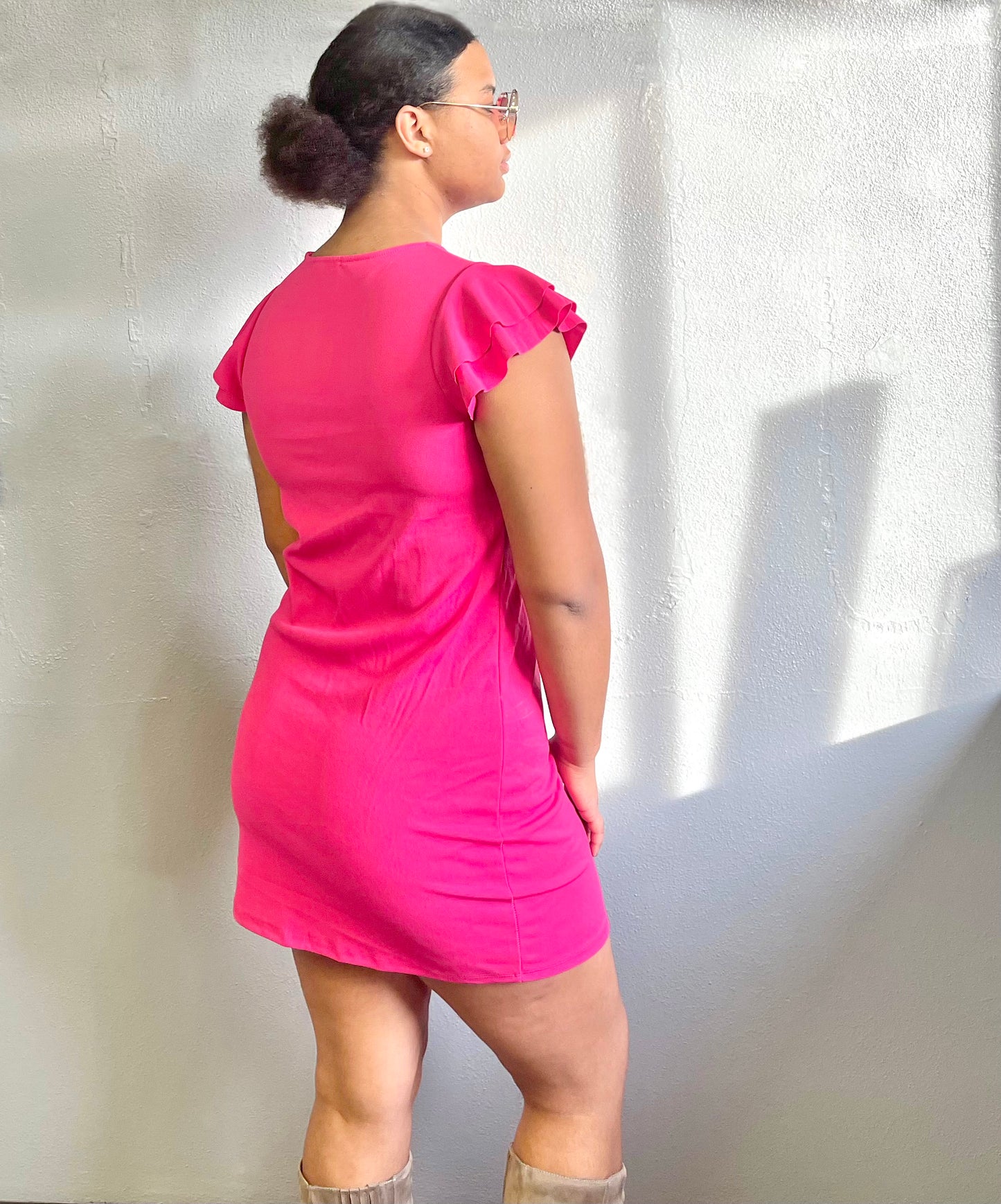 CES FEMME- Ruffle Sleeves Solid Tunic Dress