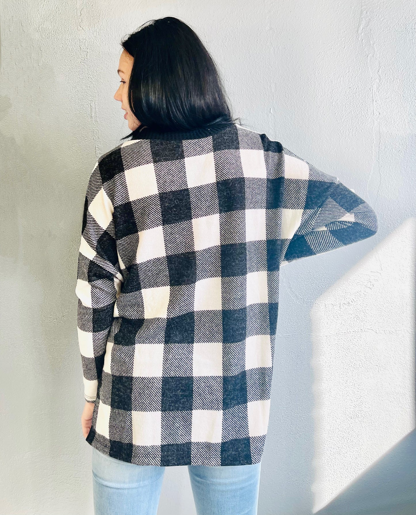 WHITE BIRCH- V Neck Plaid LS Top w/ Front Cross