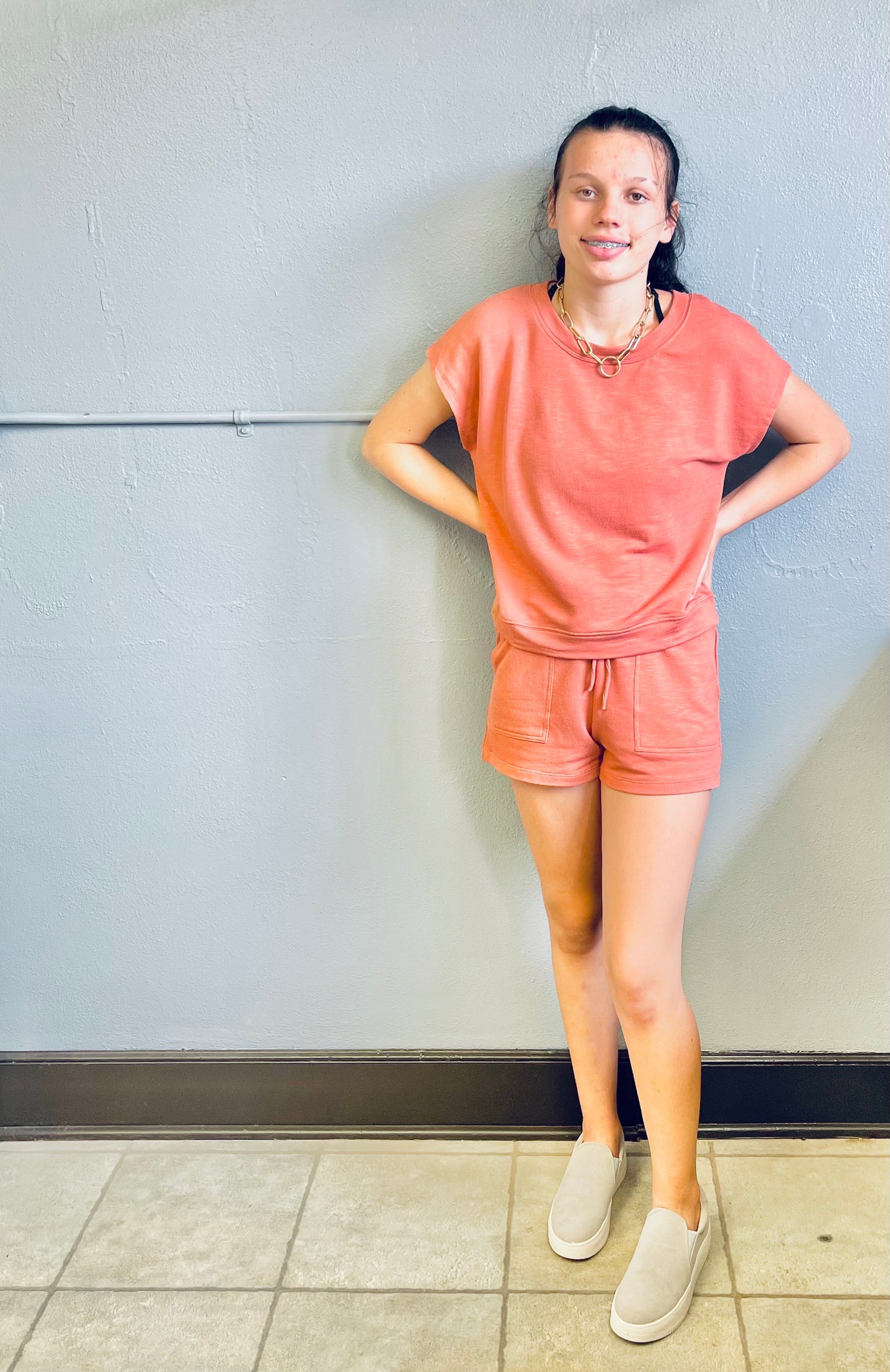 DOUBLE ZERO- Dolman Short Sleeve Top & Elastic Waist Shorts Set