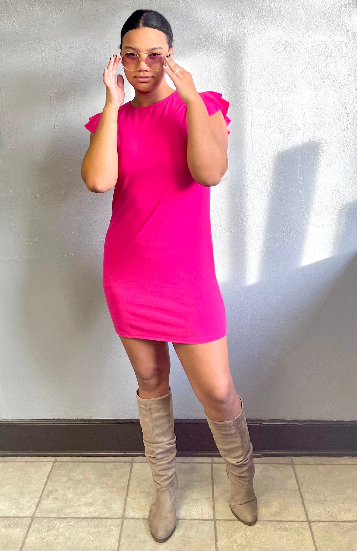 CES FEMME- Ruffle Sleeves Solid Tunic Dress