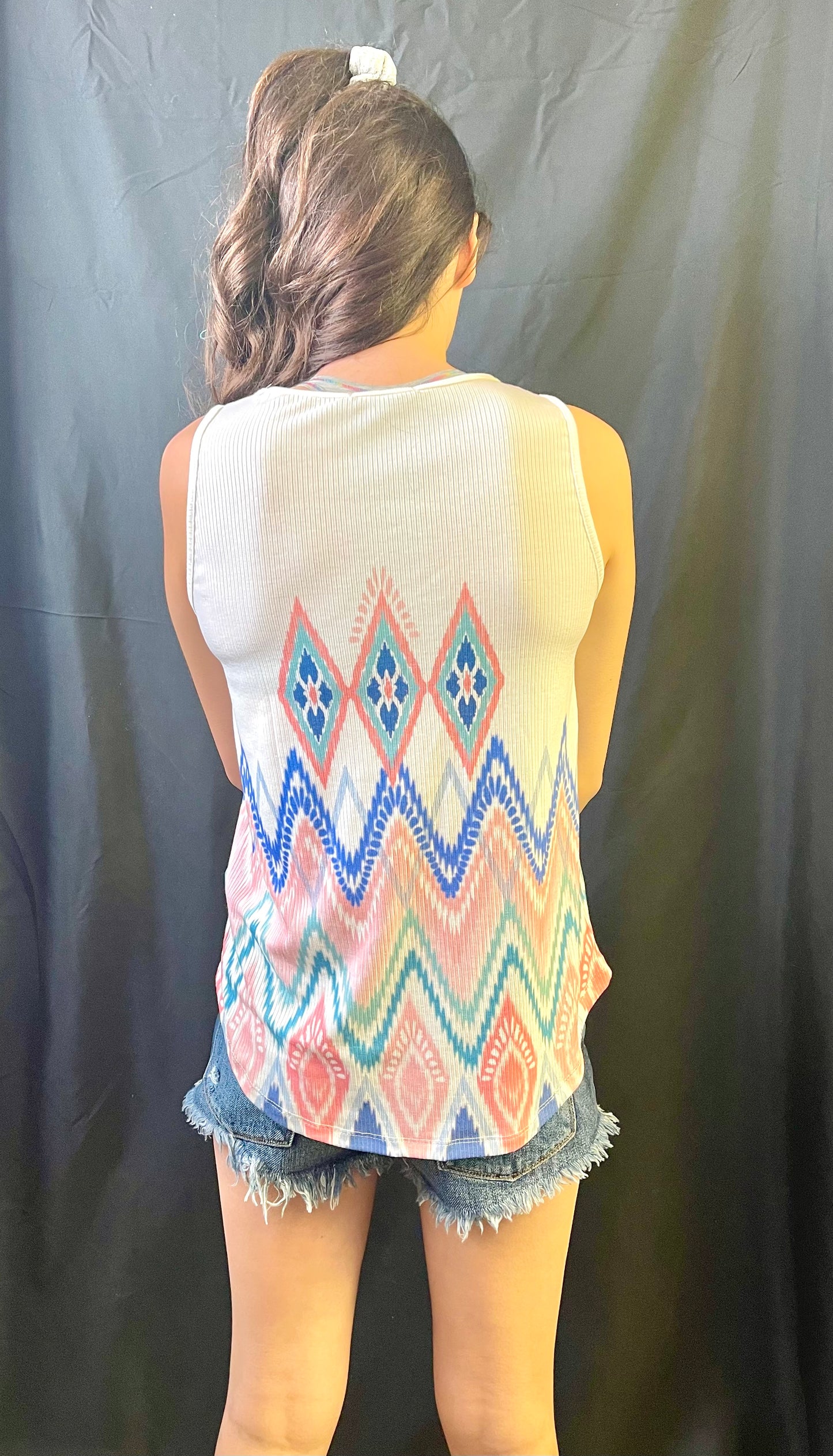 STACCATO- Round Neck Sleeveless Aztec Print Top