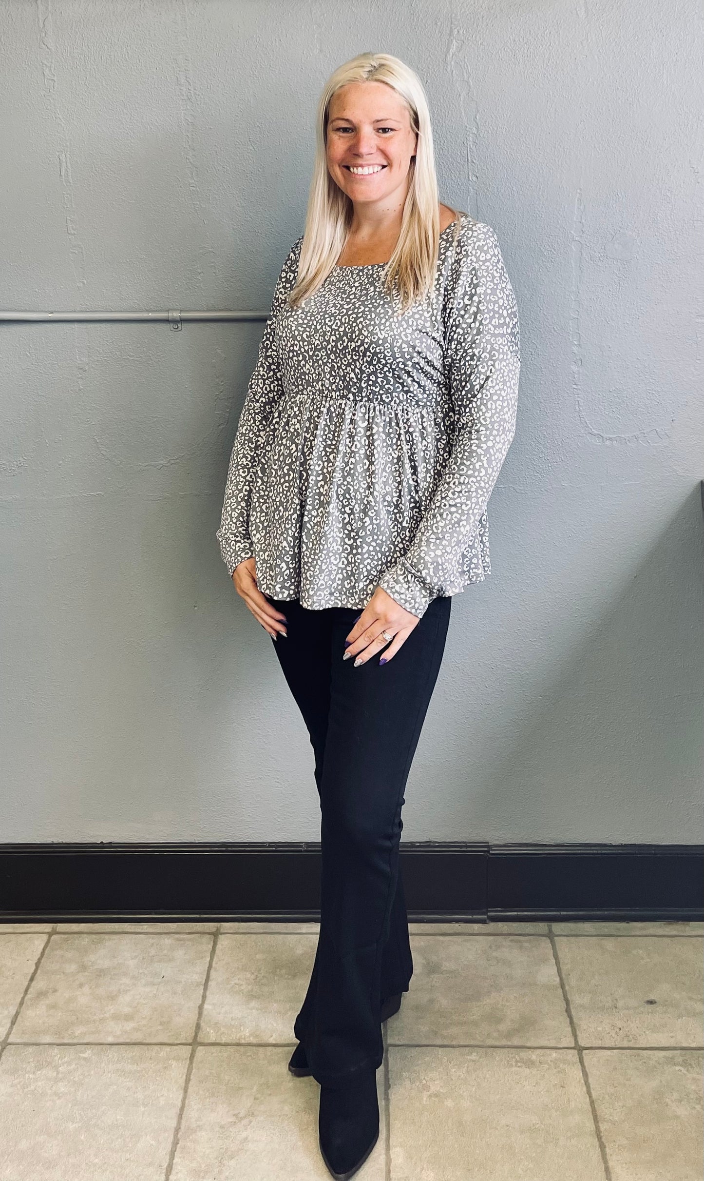 WHITE BIRCH- Long Sleeve Animal Print Slinky Knit Top