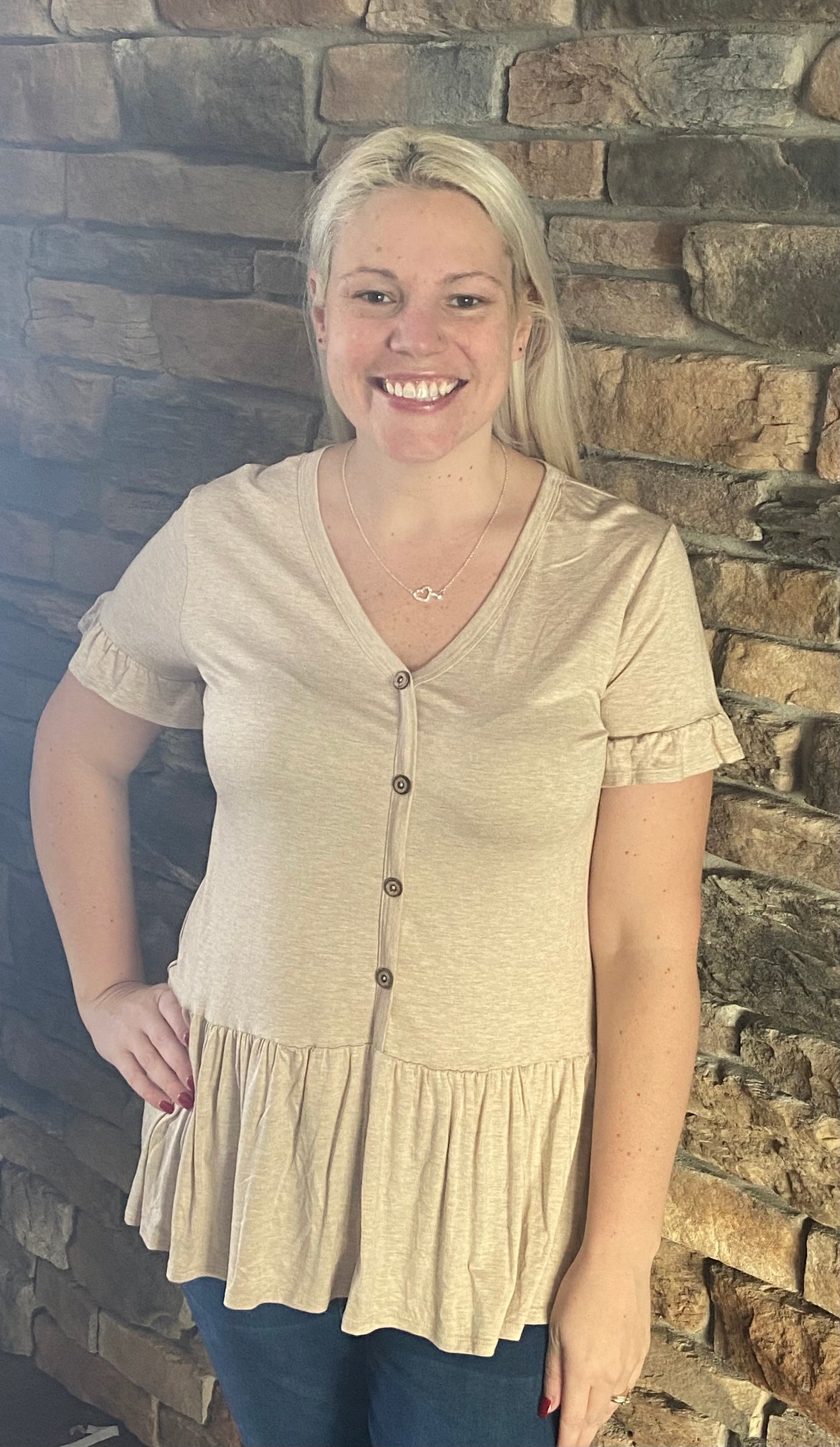 HEIMISH USA- Ruffle Hem V-Neck Top w/ Button Detail