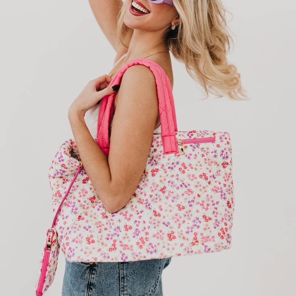 Presley Puffer Quilted Tote Bag With Pouch: Pink Floral
