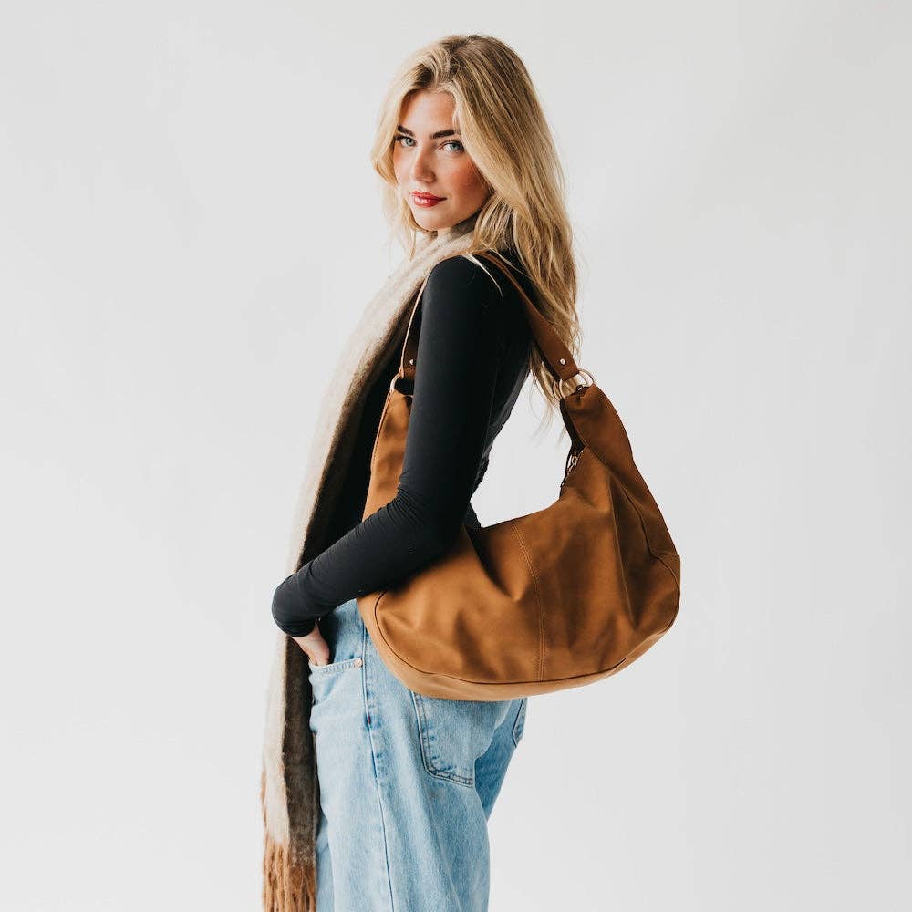 Hazel Hobo Shoulder Bag with Tassel: Tan Suede